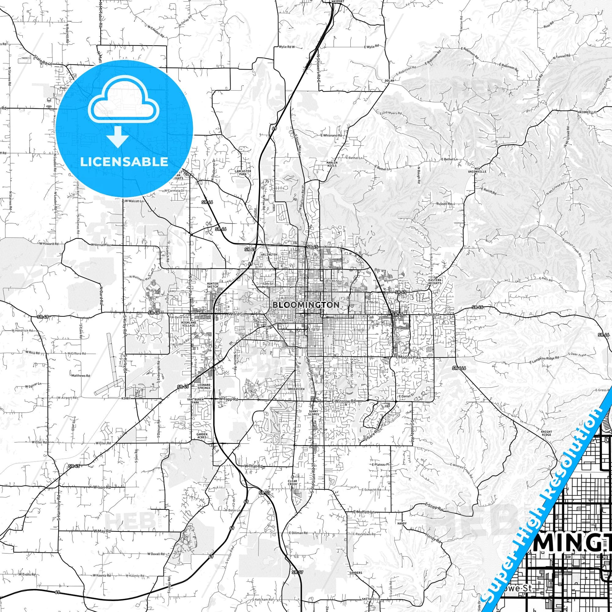 Bloomington, Indiana light map with streetnames, citynames and districts