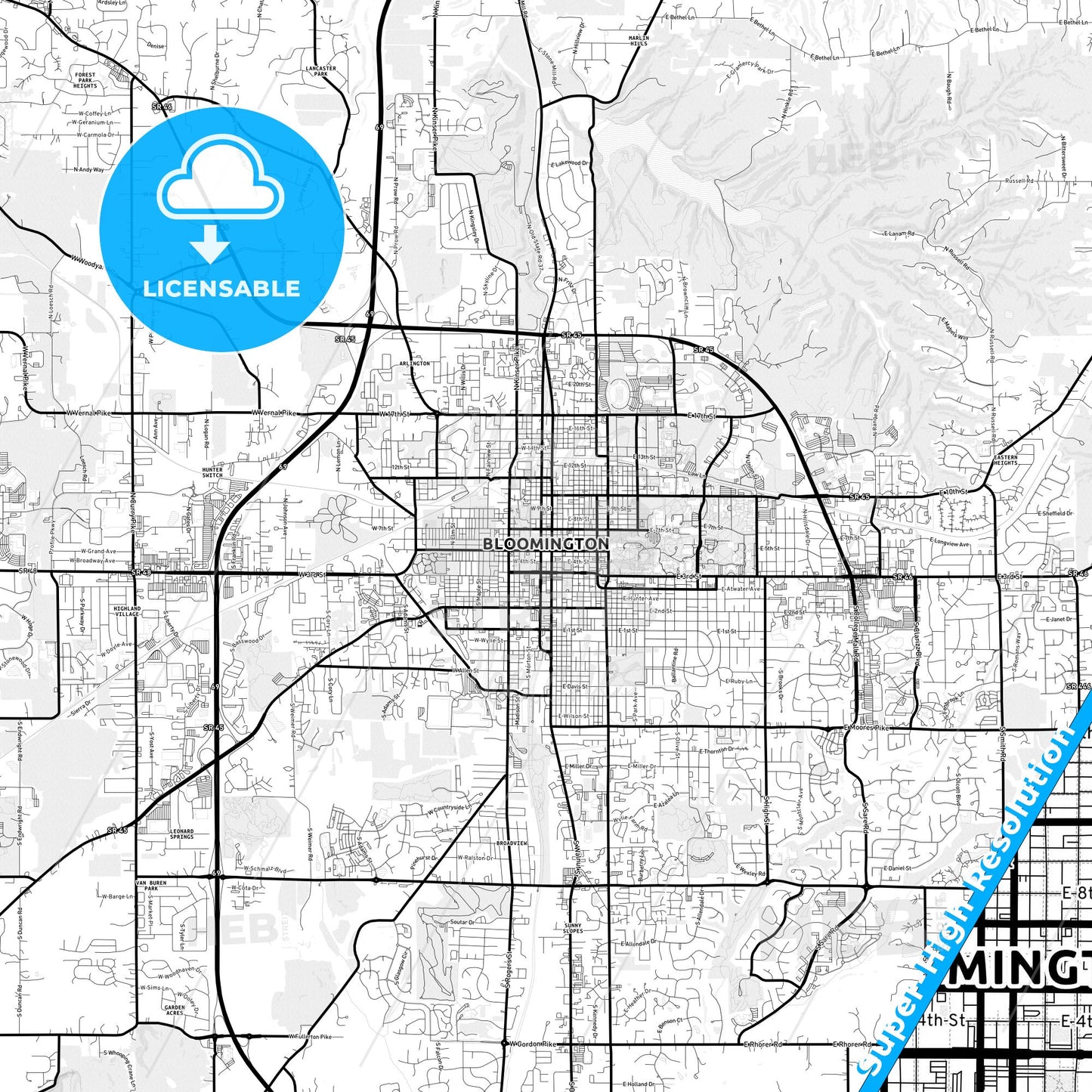 Bloomington, Indiana Light Map with Street Names, City Names, and Districts