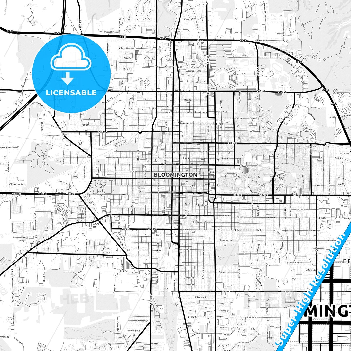 Bloomington, Indiana Light Map with Street Names, City Names, and Districts