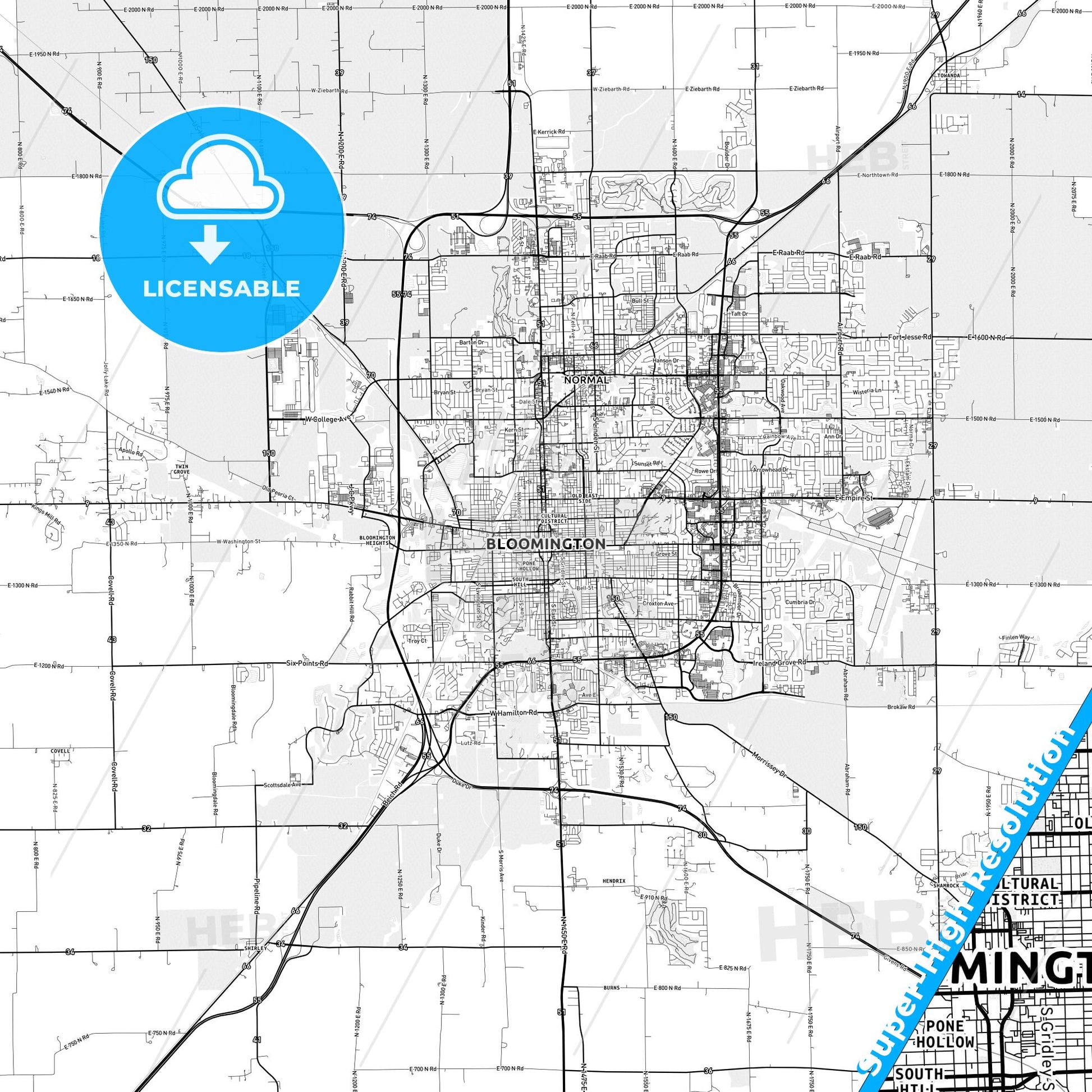 Bloomington, Illinois light map with streetnames, citynames and districts