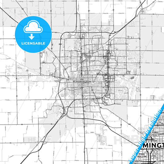 Bloomington, Illinois light map with streetnames, citynames and districts
