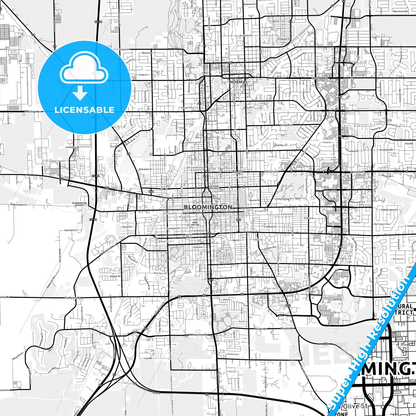 Bloomington, Illinois Light Map with Street Names, City Names, and Districts