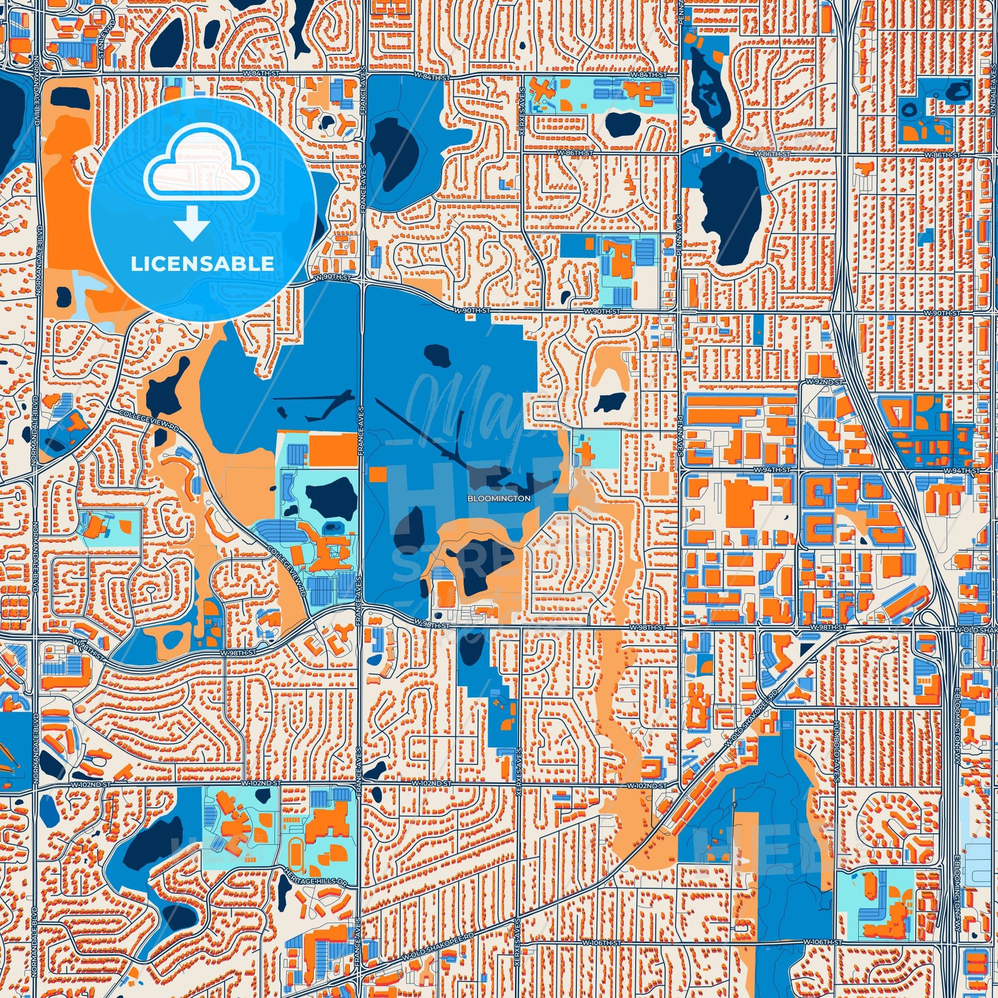 Colorful Bloomington Street Map with Labels and Buildings