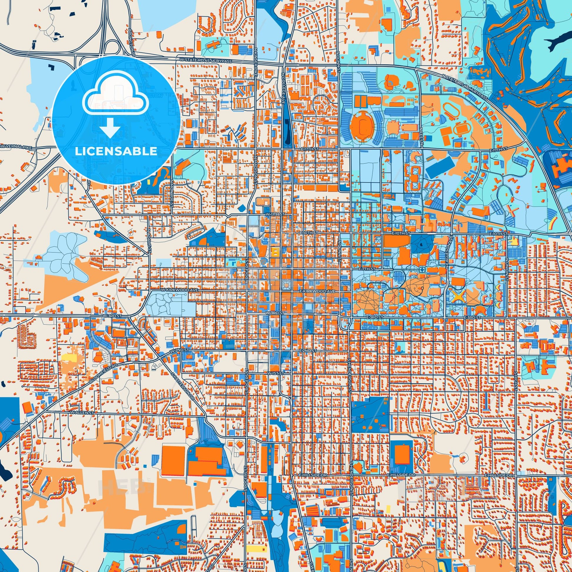 Colorful Bloomington Street Map with Labels and Buildings
