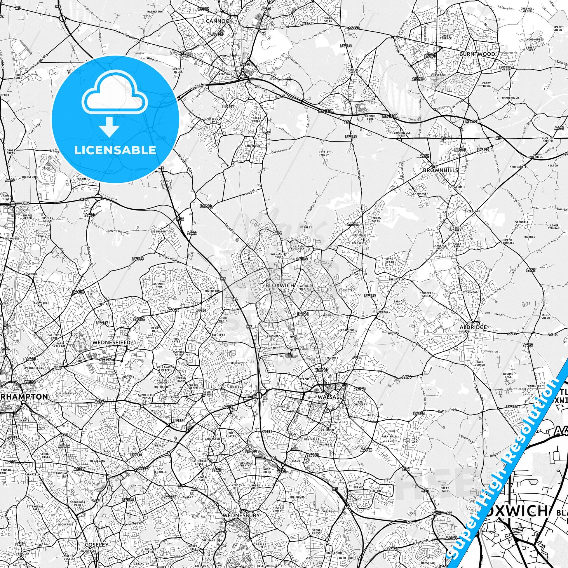 Bloxwich, England light map with streetnames, citynames and districts