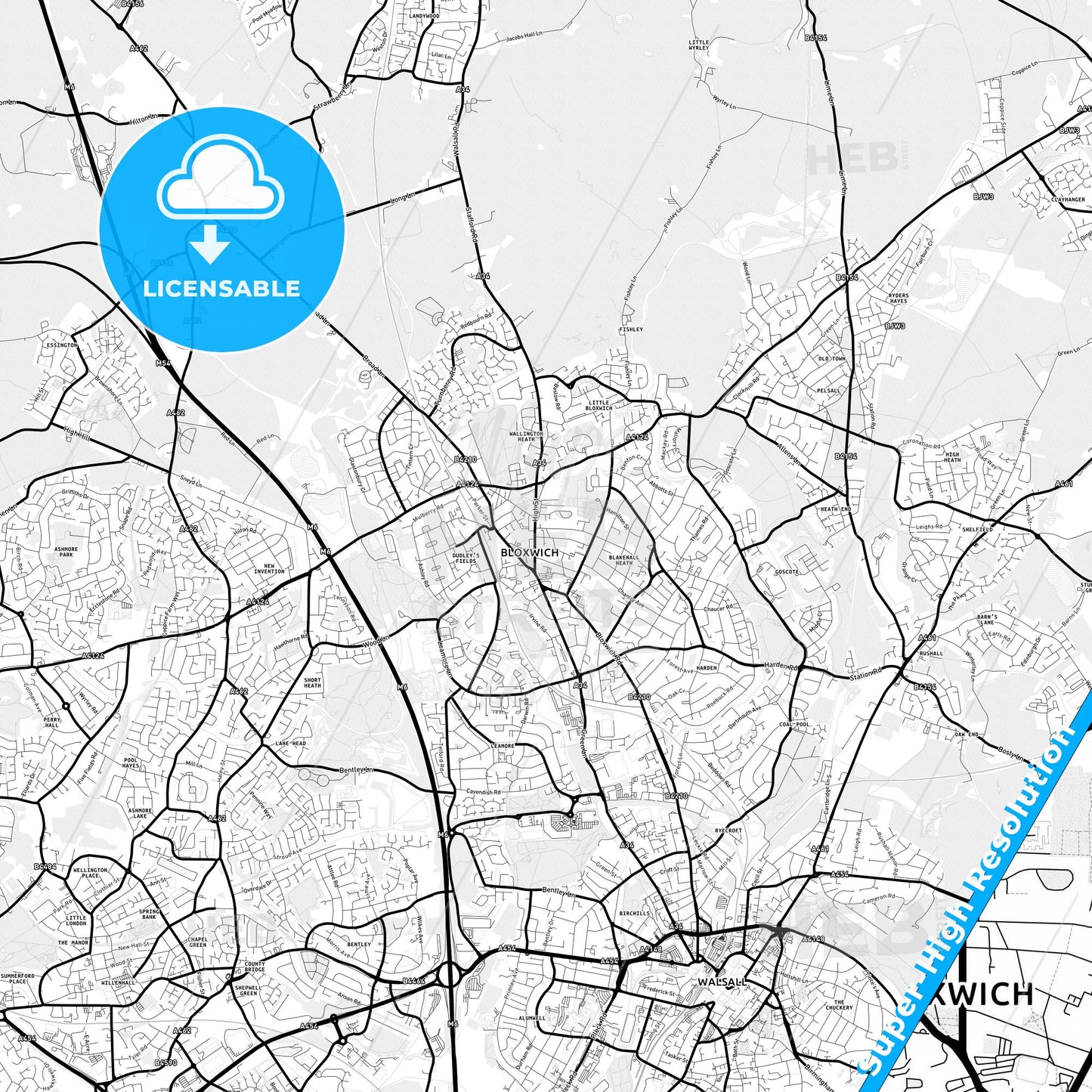 Bloxwich, England Light Map with Street Names, City Names, and Districts