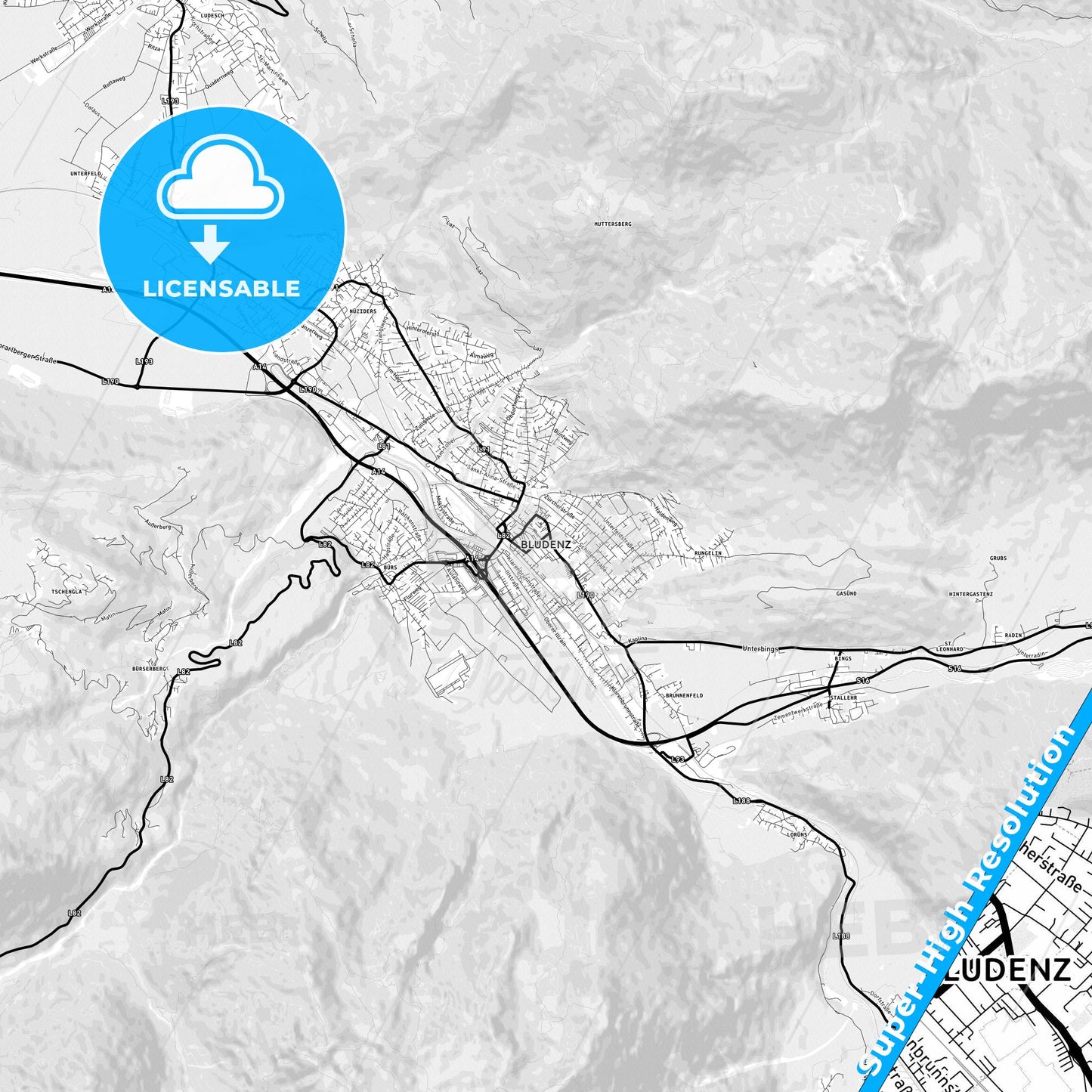 Bludenz, Austria Light Map with Street Names, City Names, and Districts