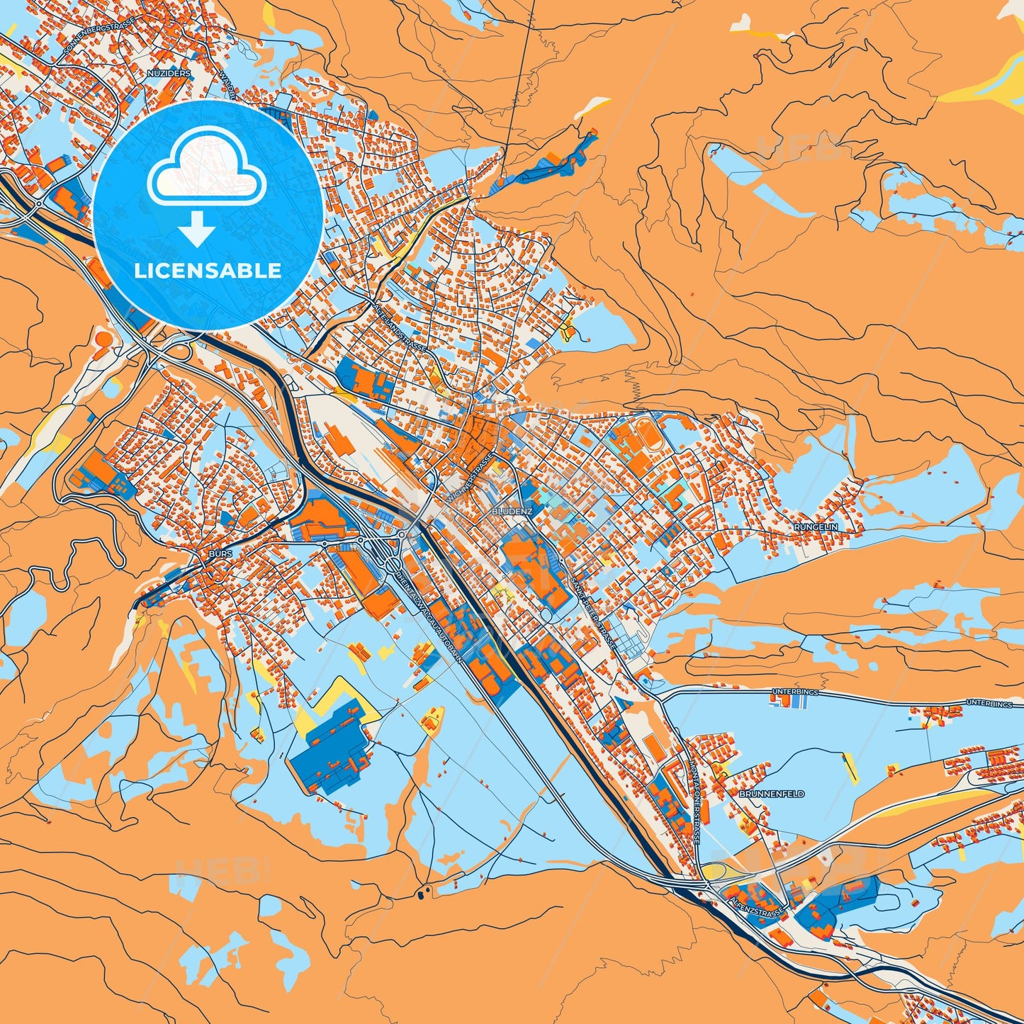 Colorful Bludenz Street Map with Labels and Buildings