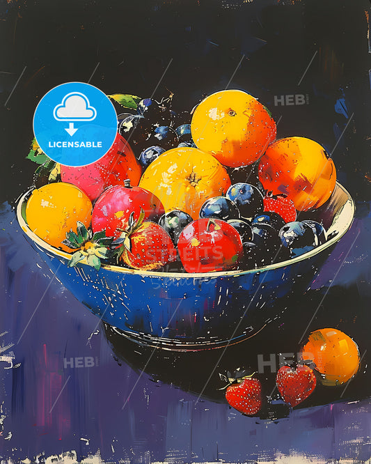 Vibrant Chalk Charcoal Glowing Bowl of Fruit Tabletop Art
