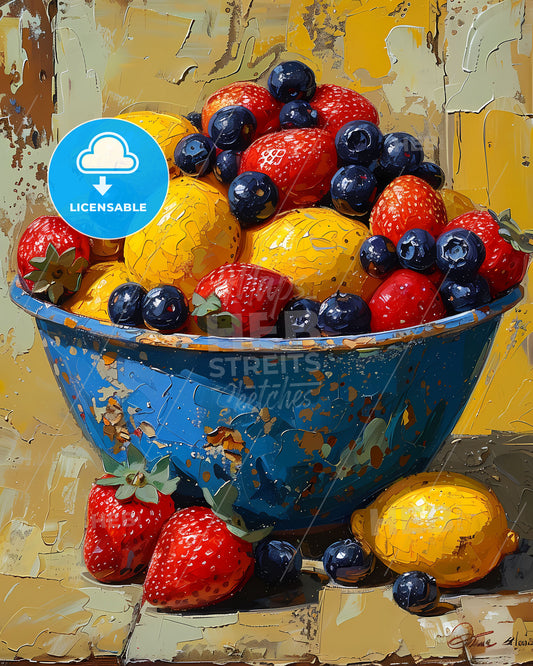 Whimsical Fruit Bowl Canvas Painting: Blue Bowl of Fruit with Strawberries and Blueberries