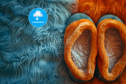 Vibrant Canvas Art: Abstract Blue and Orange Slippers on Soft Furry Surface, Painting with Texture and Color Contrast, Unique Artistic Expression