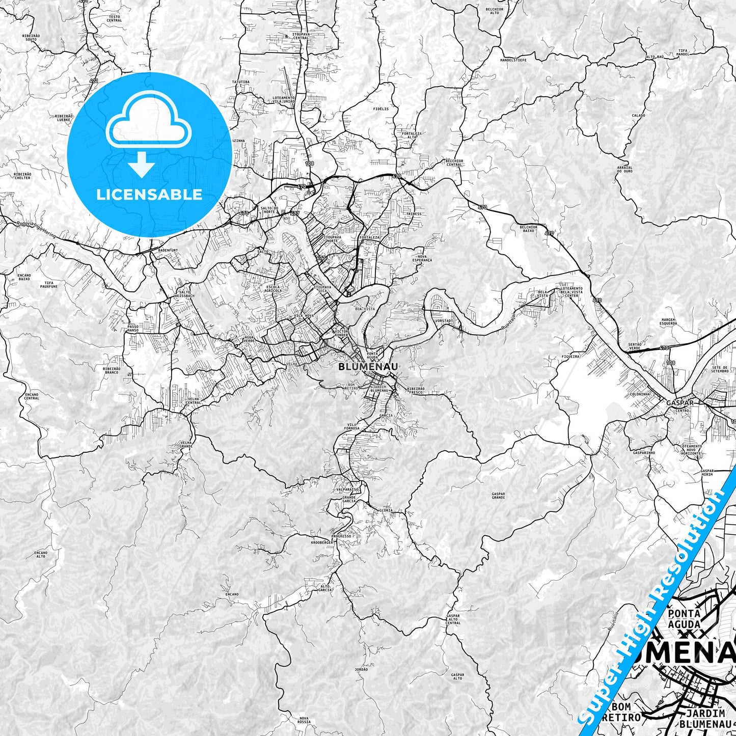 Blumenau, Brazil light map with streetnames, citynames and districts