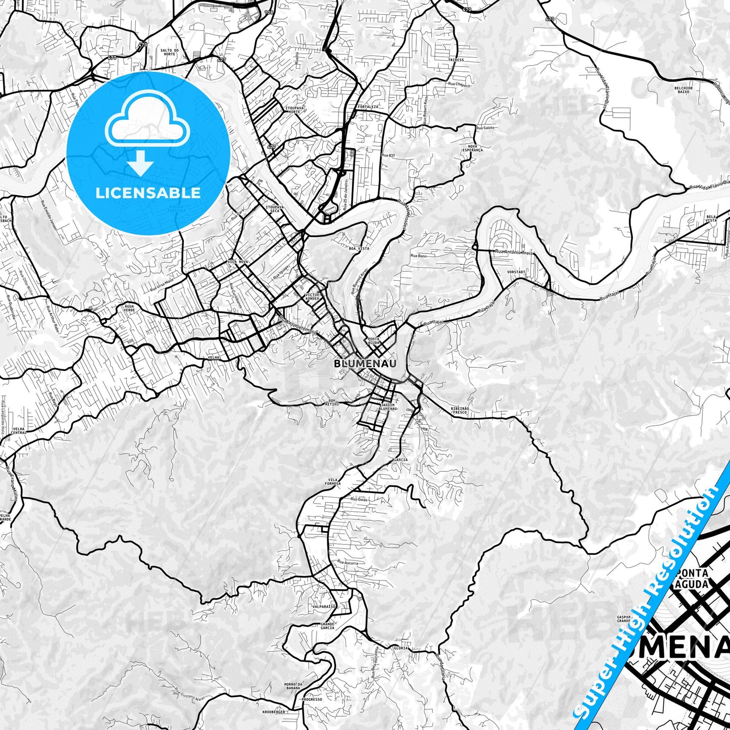 Blumenau, Brazil Light Map with Street Names, City Names, and Districts