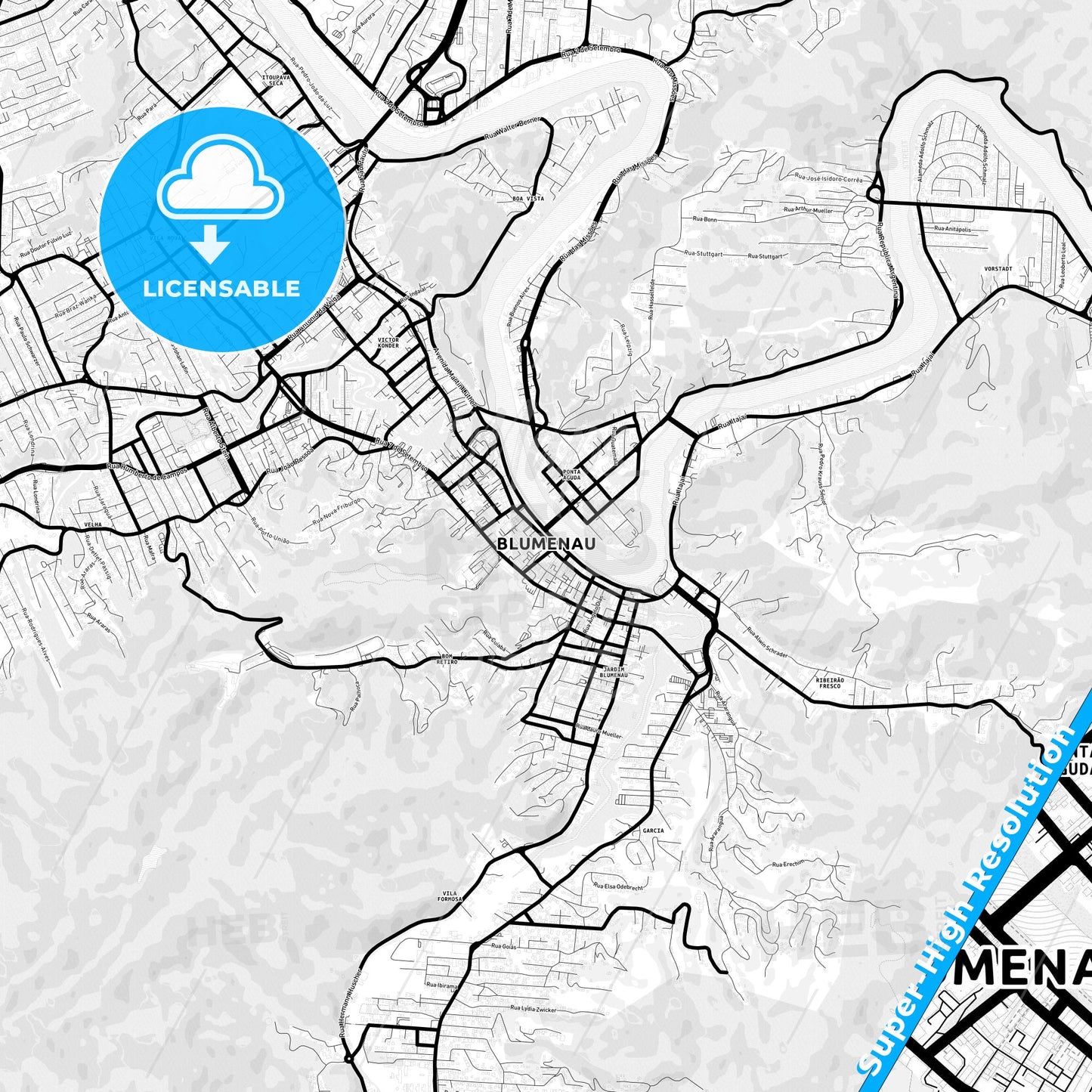 Blumenau, Brazil Light Map with Street Names, City Names, and Districts