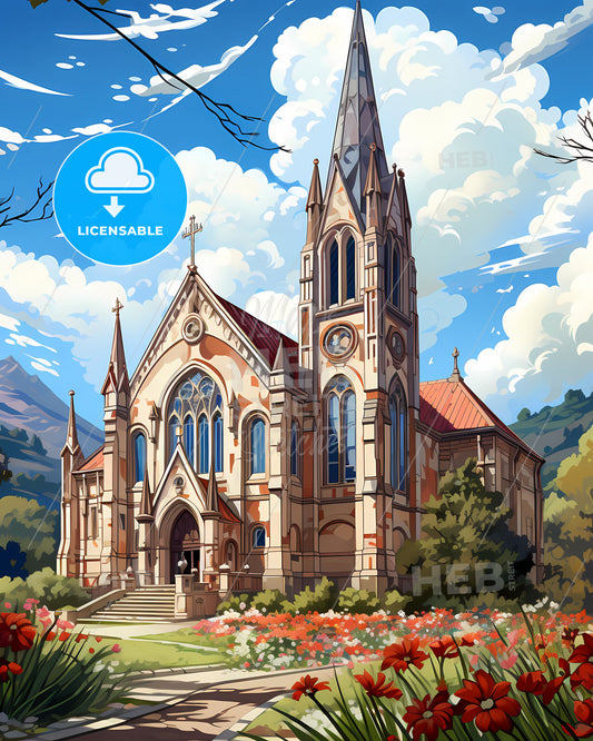 Vibrant Artistic Painting Featuring Blumenau Brazil Skyline with Church and Flower Field