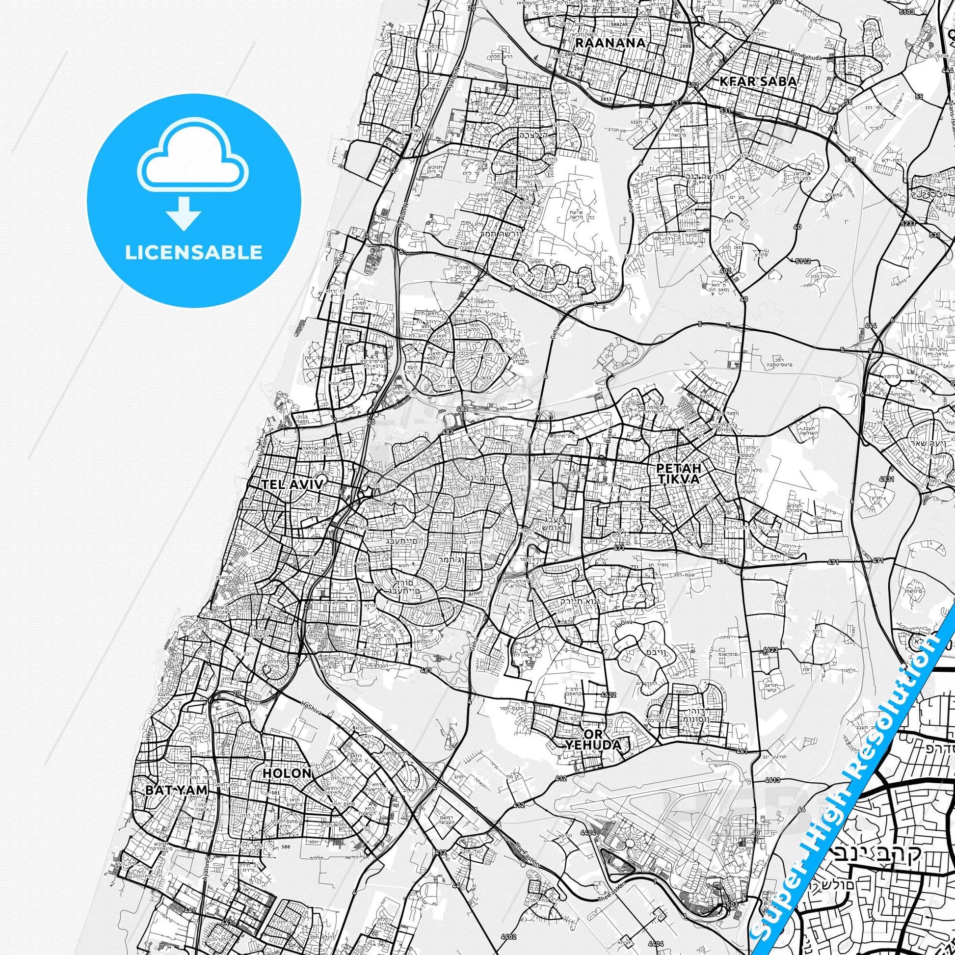 Bnei Brak, Israel light map with streetnames, citynames and districts