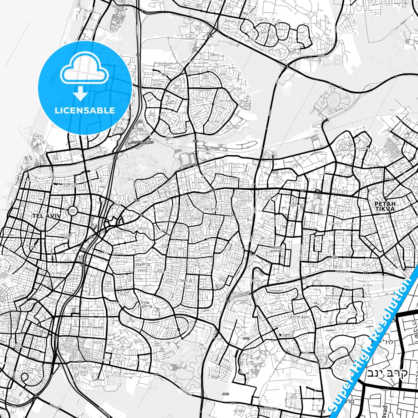 Bnei Brak, Israel Light Map with Street Names, City Names, and Districts
