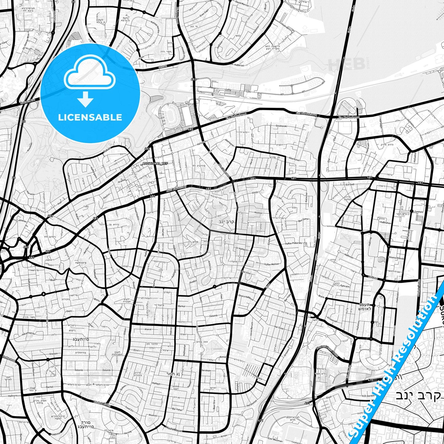 Bnei Brak, Israel Light Map with Street Names, City Names, and Districts