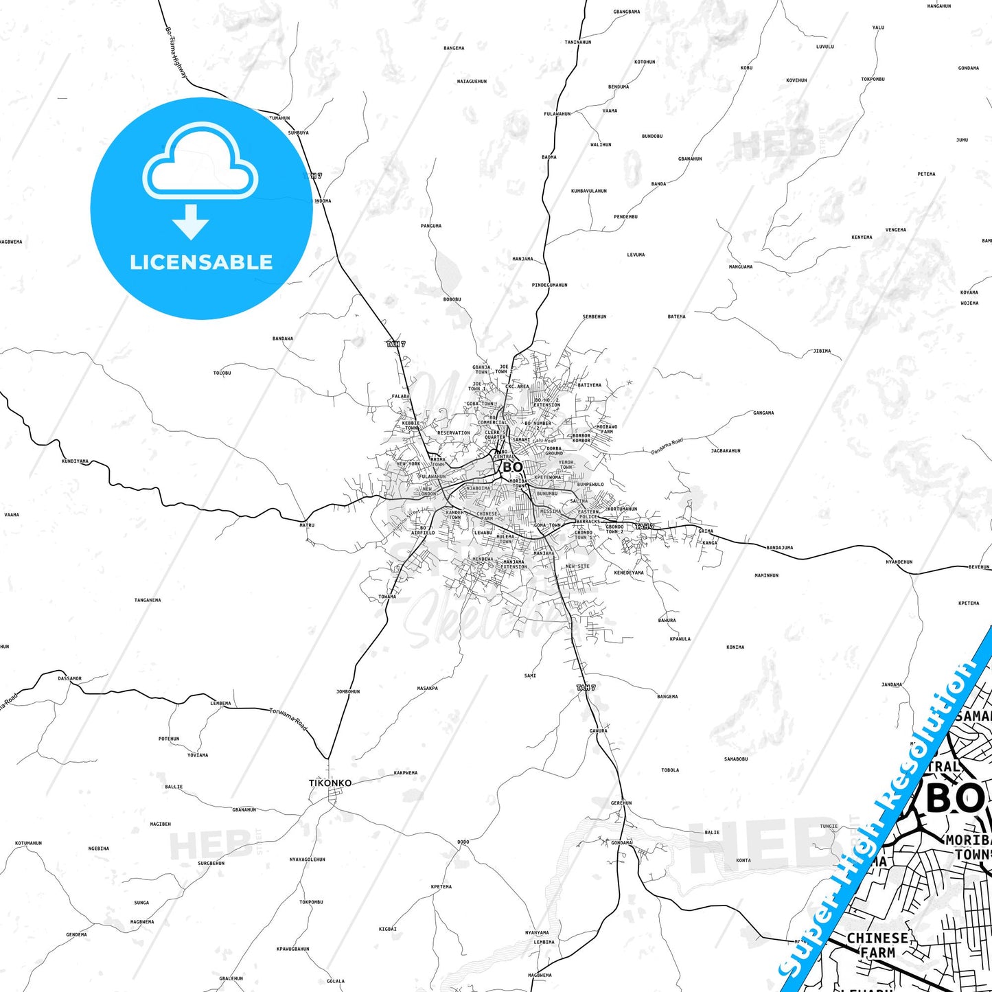 Bo, Sierra Leone light map with streetnames, citynames and districts