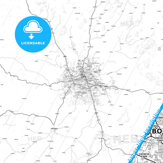 Bo, Sierra Leone light map with streetnames, citynames and districts