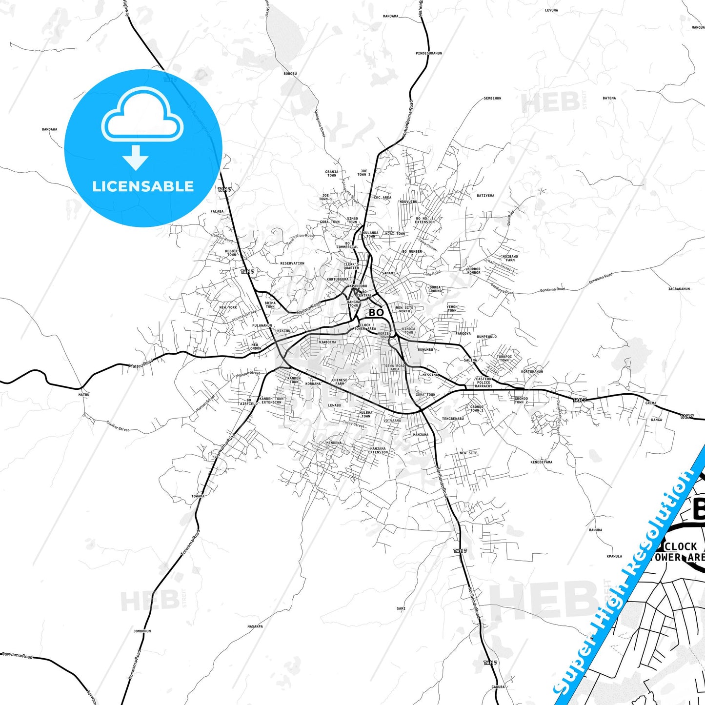 Bo, Sierra Leone Light Map with Street Names, City Names, and Districts