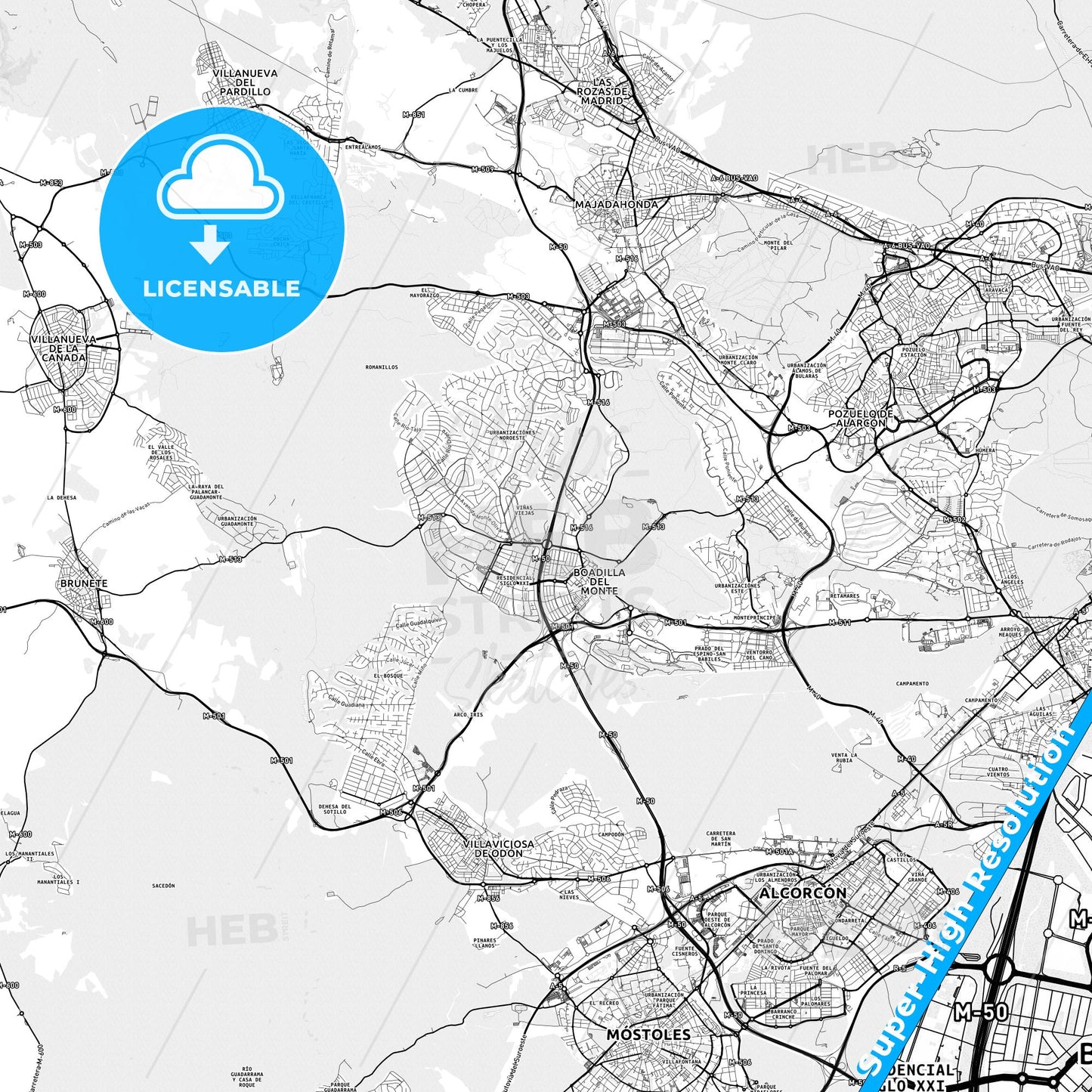 Boadilla del Monte, Spain light map with streetnames, citynames and districts