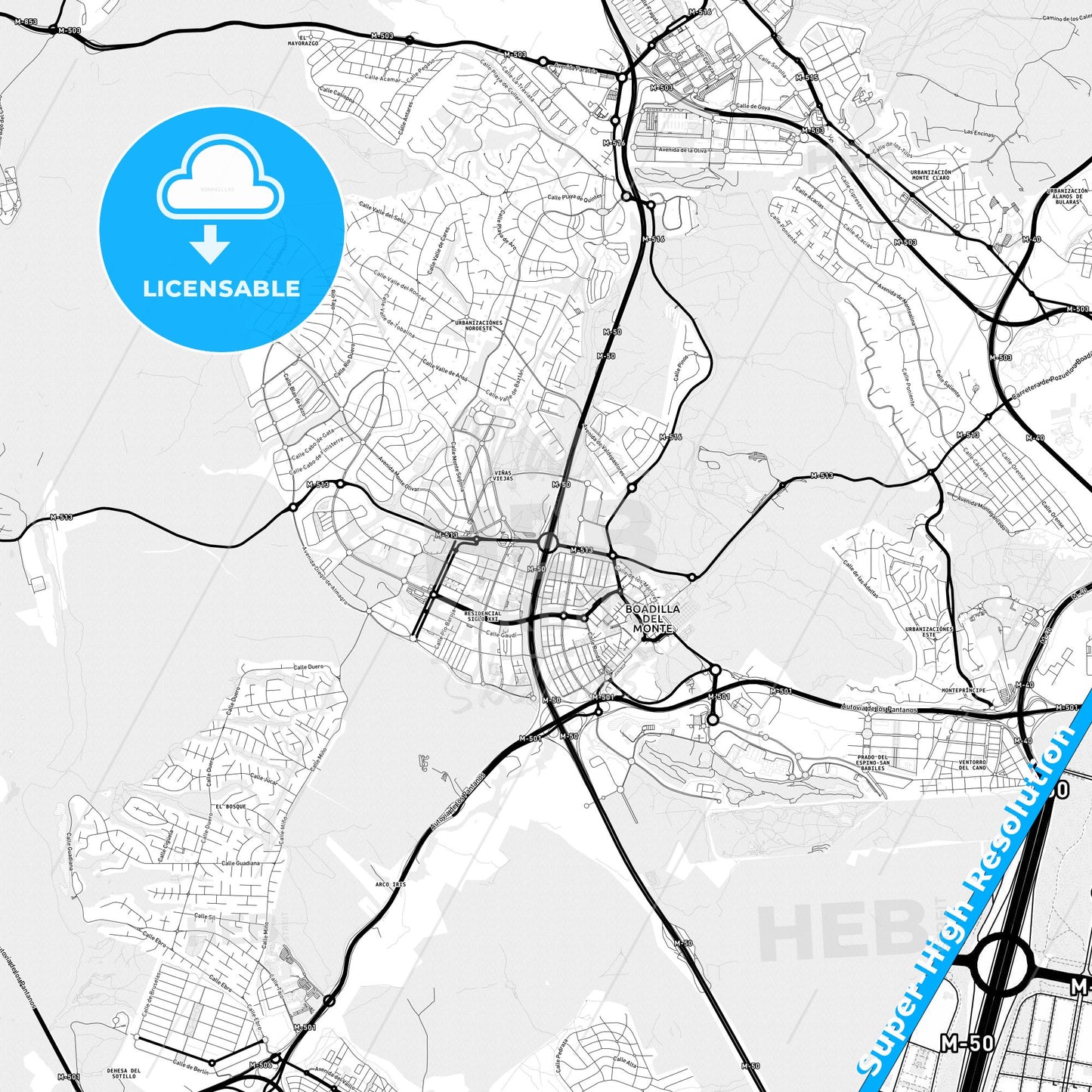 Boadilla del Monte, Spain Light Map with Street Names, City Names, and Districts