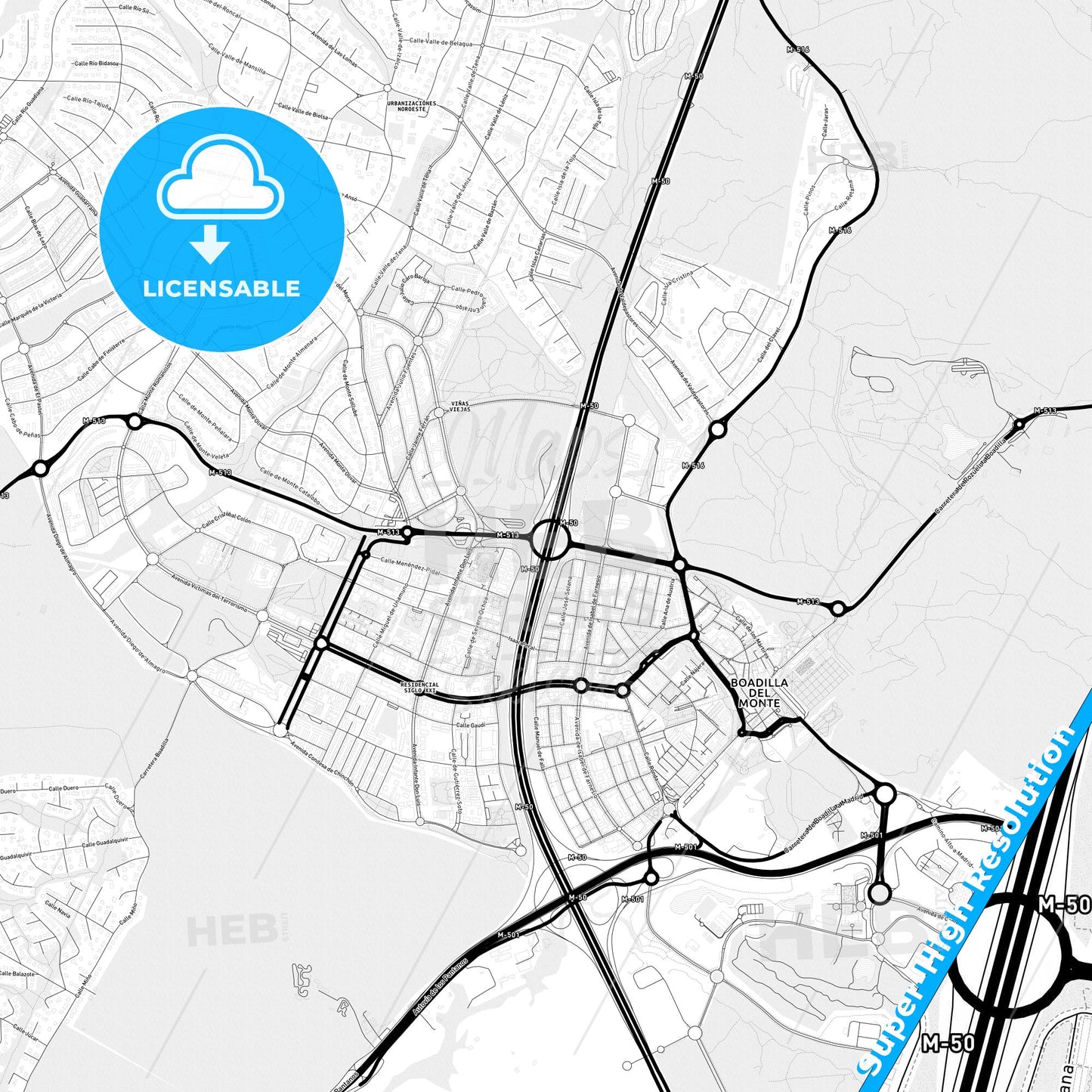 Boadilla del Monte, Spain Light Map with Street Names, City Names, and Districts