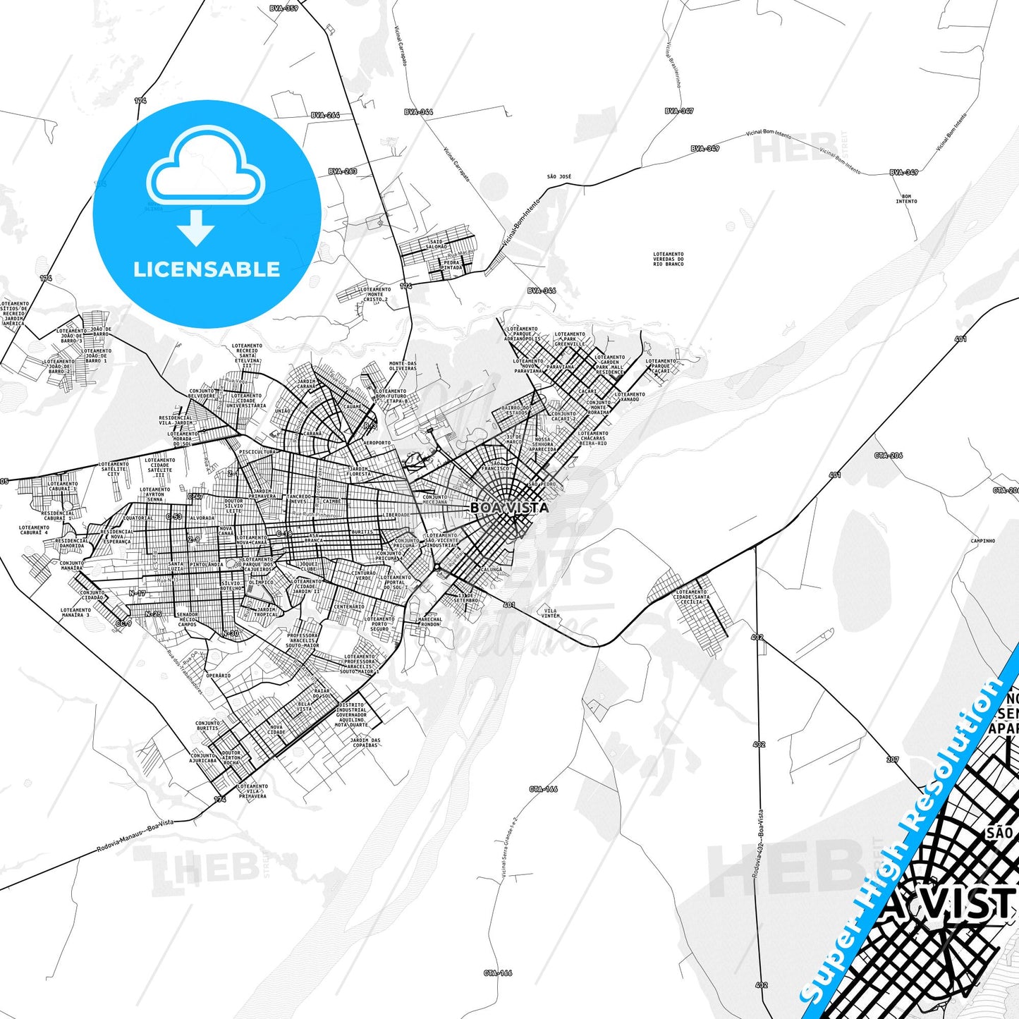 Boa Vista, Brazil light map with streetnames, citynames and districts