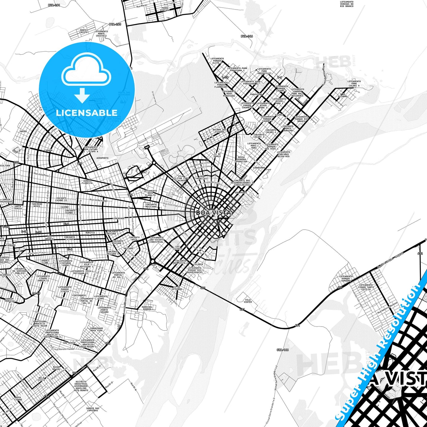 Boa Vista, Brazil Light Map with Street Names, City Names, and Districts