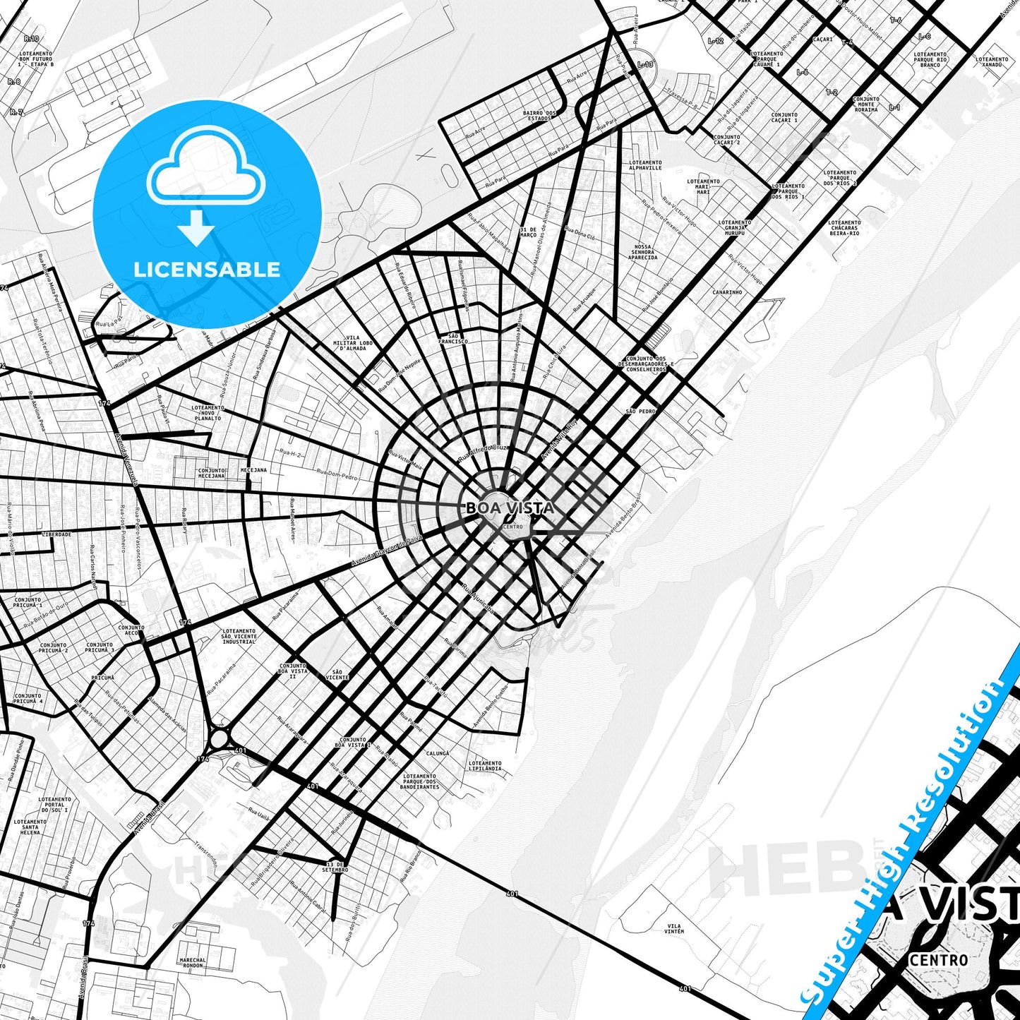 Boa Vista, Brazil Light Map with Street Names, City Names, and Districts