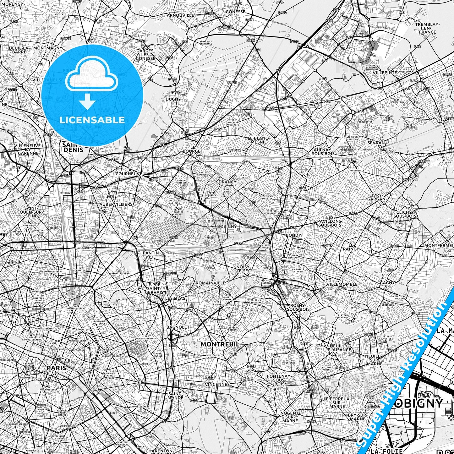 Bobigny, France light map with streetnames, citynames and districts