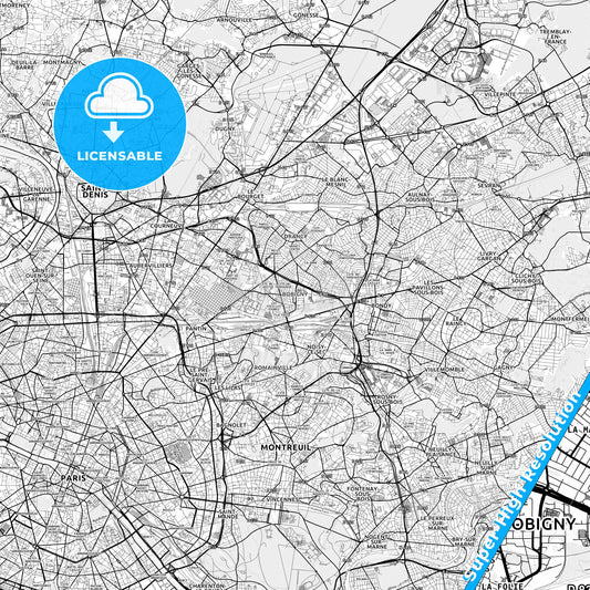 Bobigny, France light map with streetnames, citynames and districts