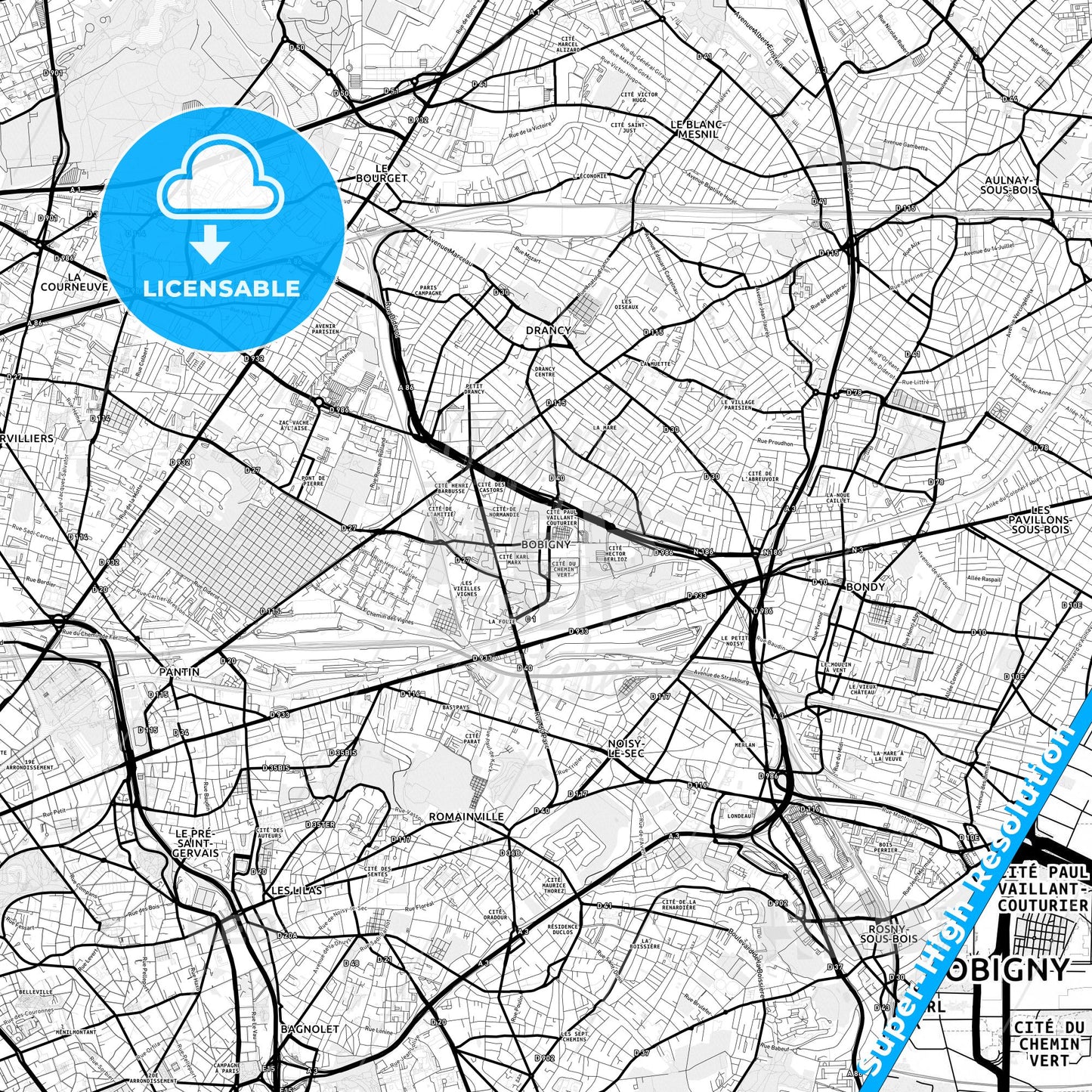 Bobigny, France Light Map with Street Names, City Names, and Districts