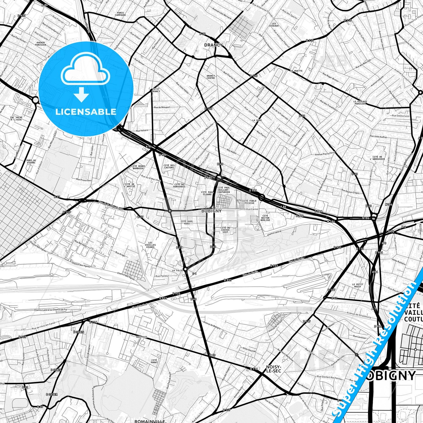 Bobigny, France Light Map with Street Names, City Names, and Districts