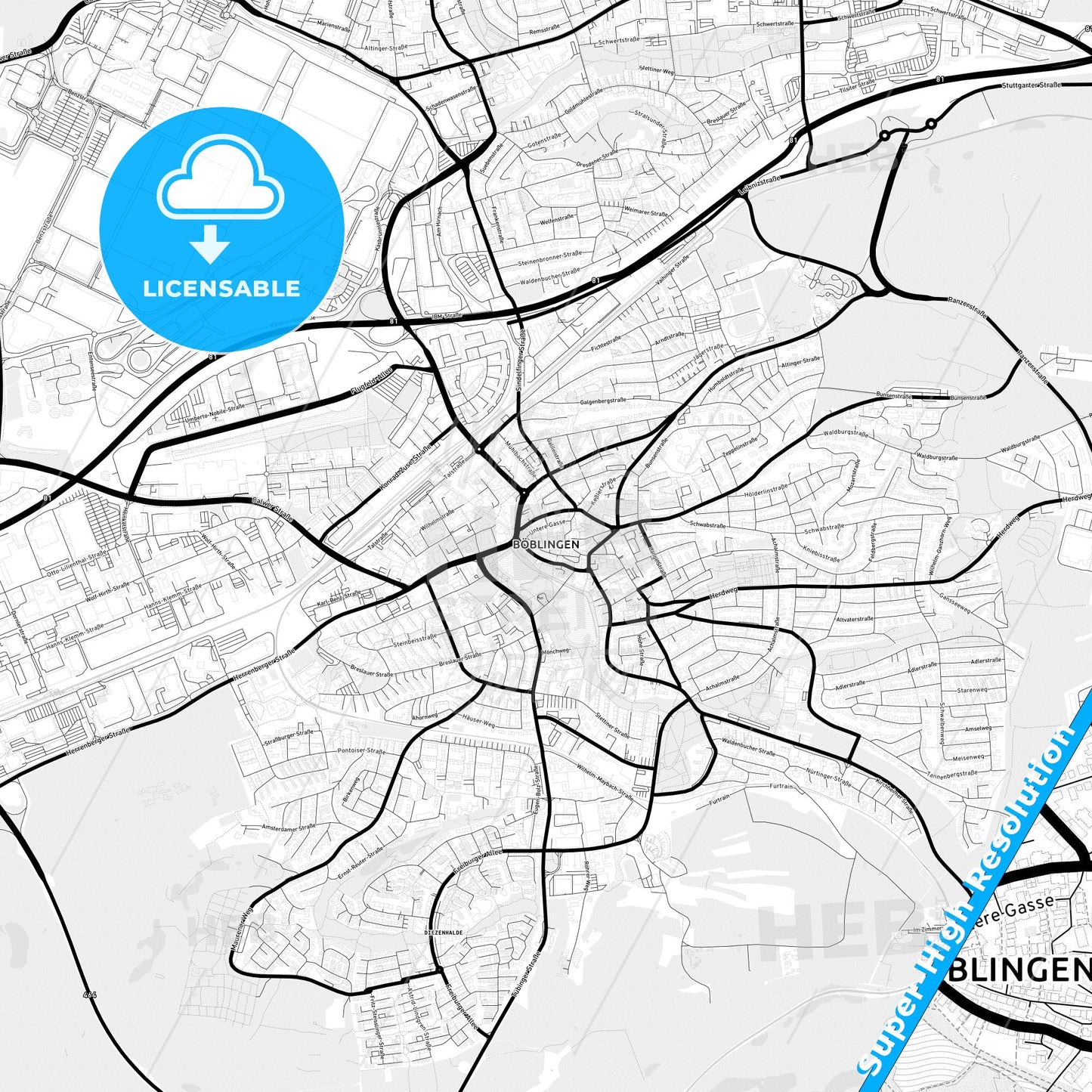 Boblingen, Germany Light Map with Street Names, City Names, and Districts