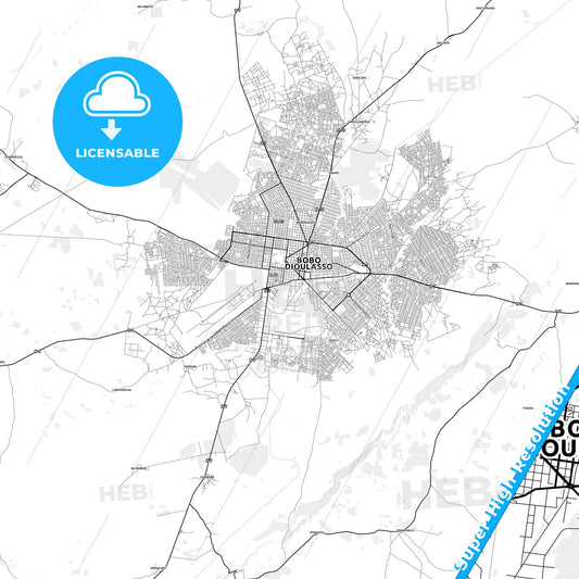 Bobo-Dioulasso, Burkina Faso light map with streetnames, citynames and districts