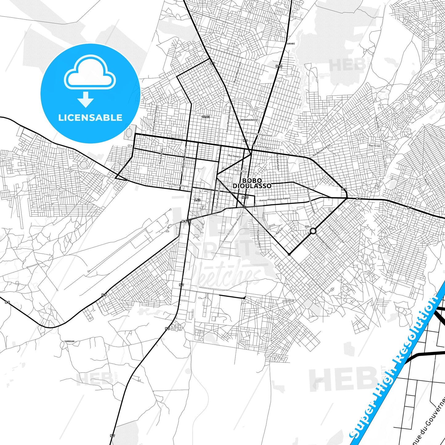 Bobo-Dioulasso, Burkina Faso Light Map with Street Names, City Names, and Districts