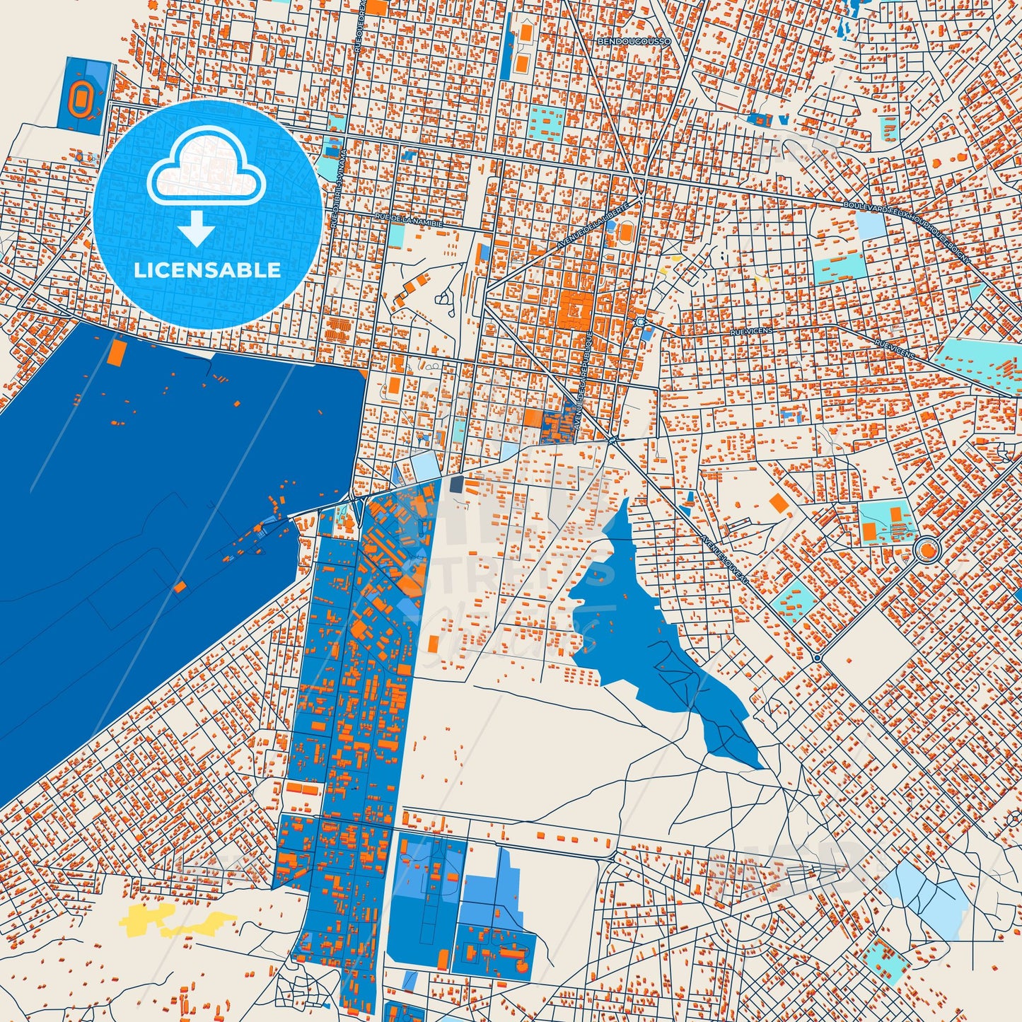 Colorful Bobo-Dioulasso Street Map with Labels and Buildings