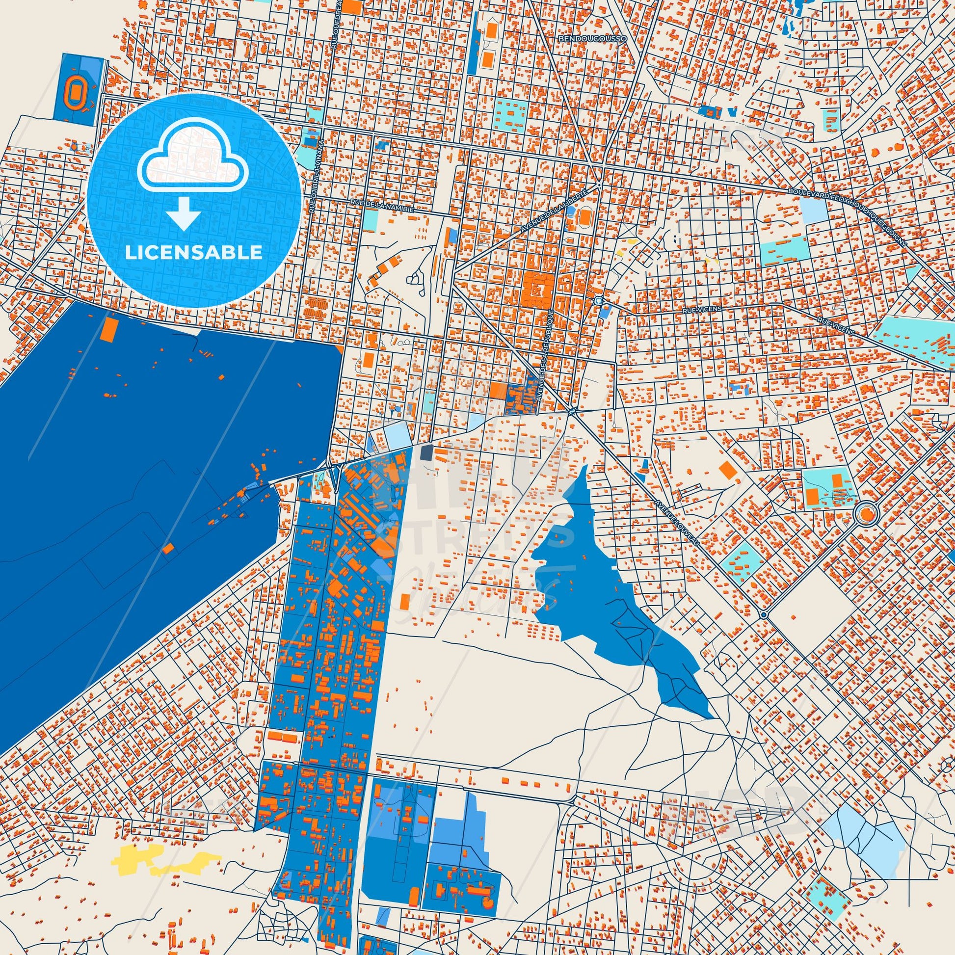 Colorful Bobo-Dioulasso Street Map with Labels and Buildings