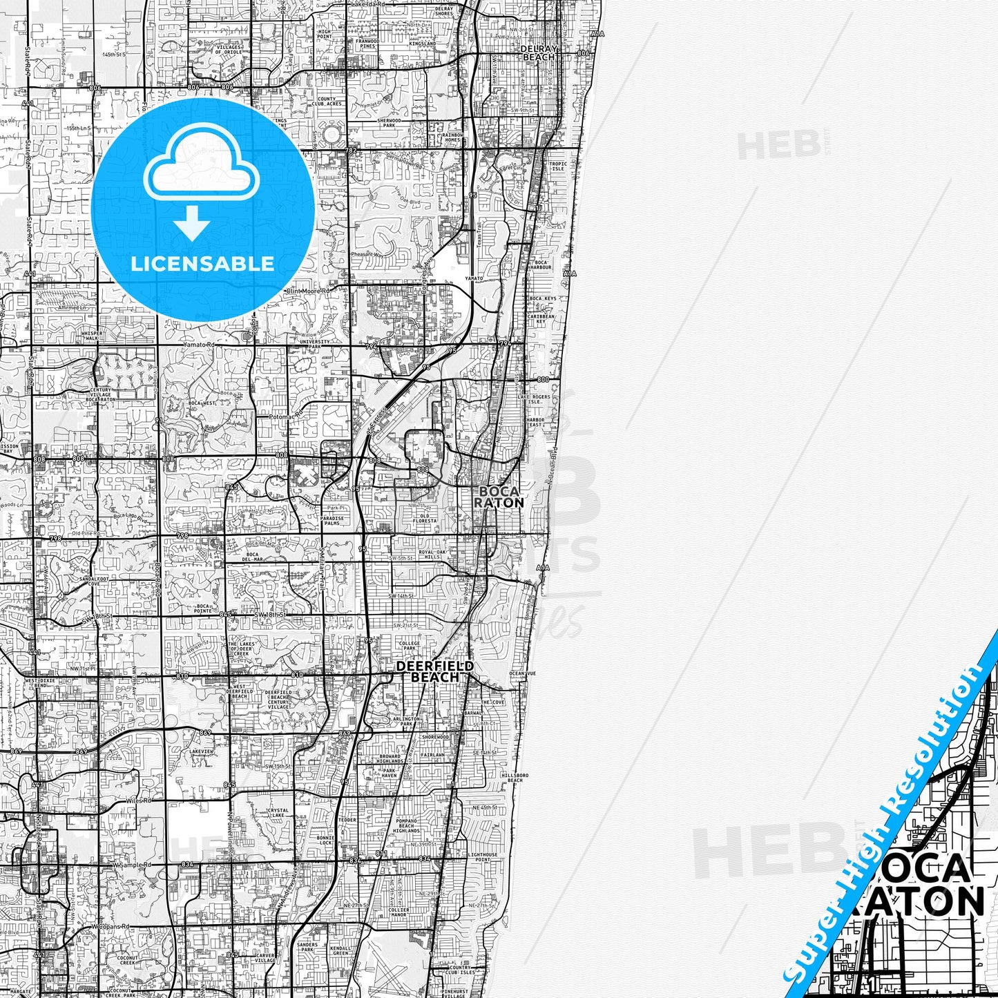 Boca Raton, Florida light map with streetnames, citynames and districts