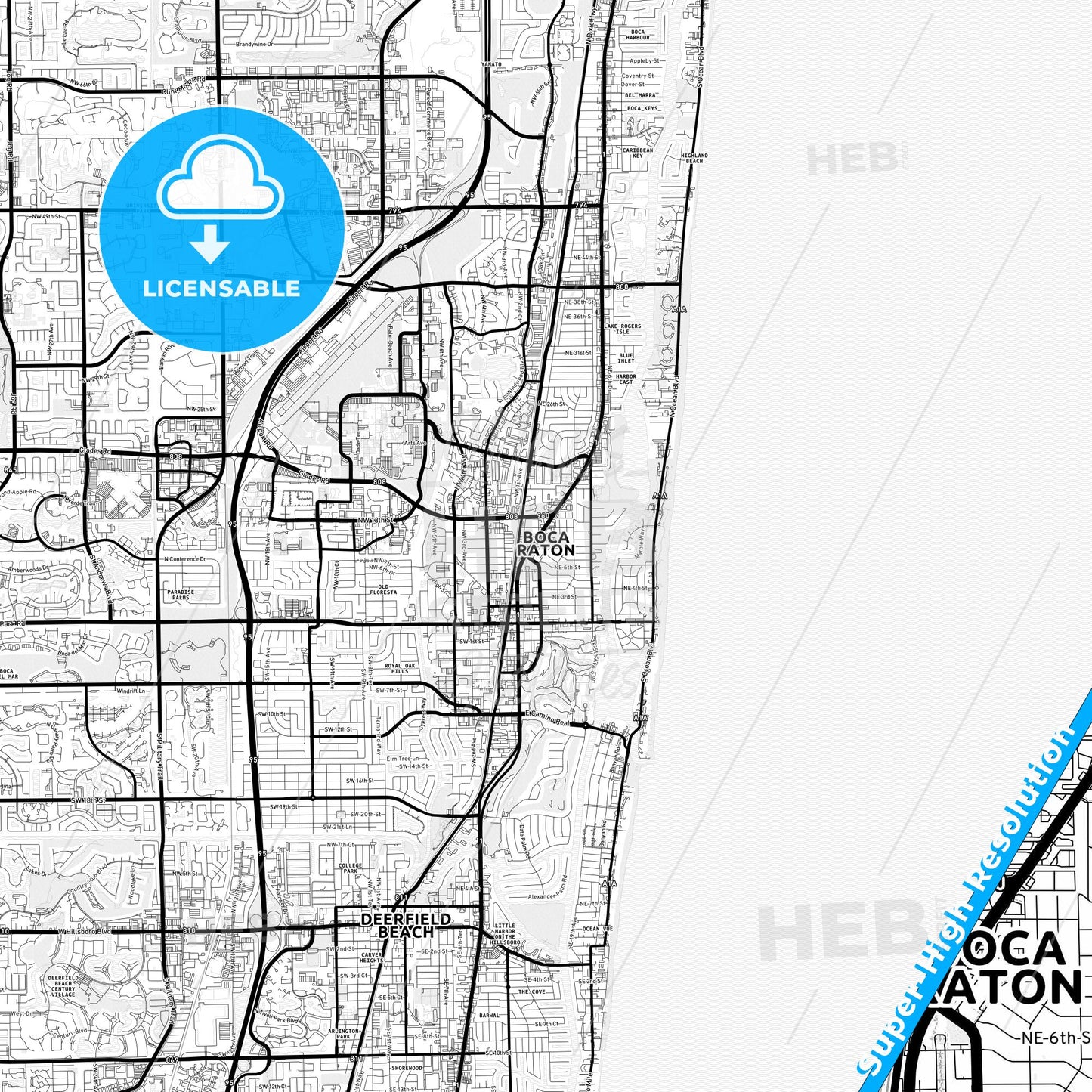 Boca Raton, Florida Light Map with Street Names, City Names, and Districts