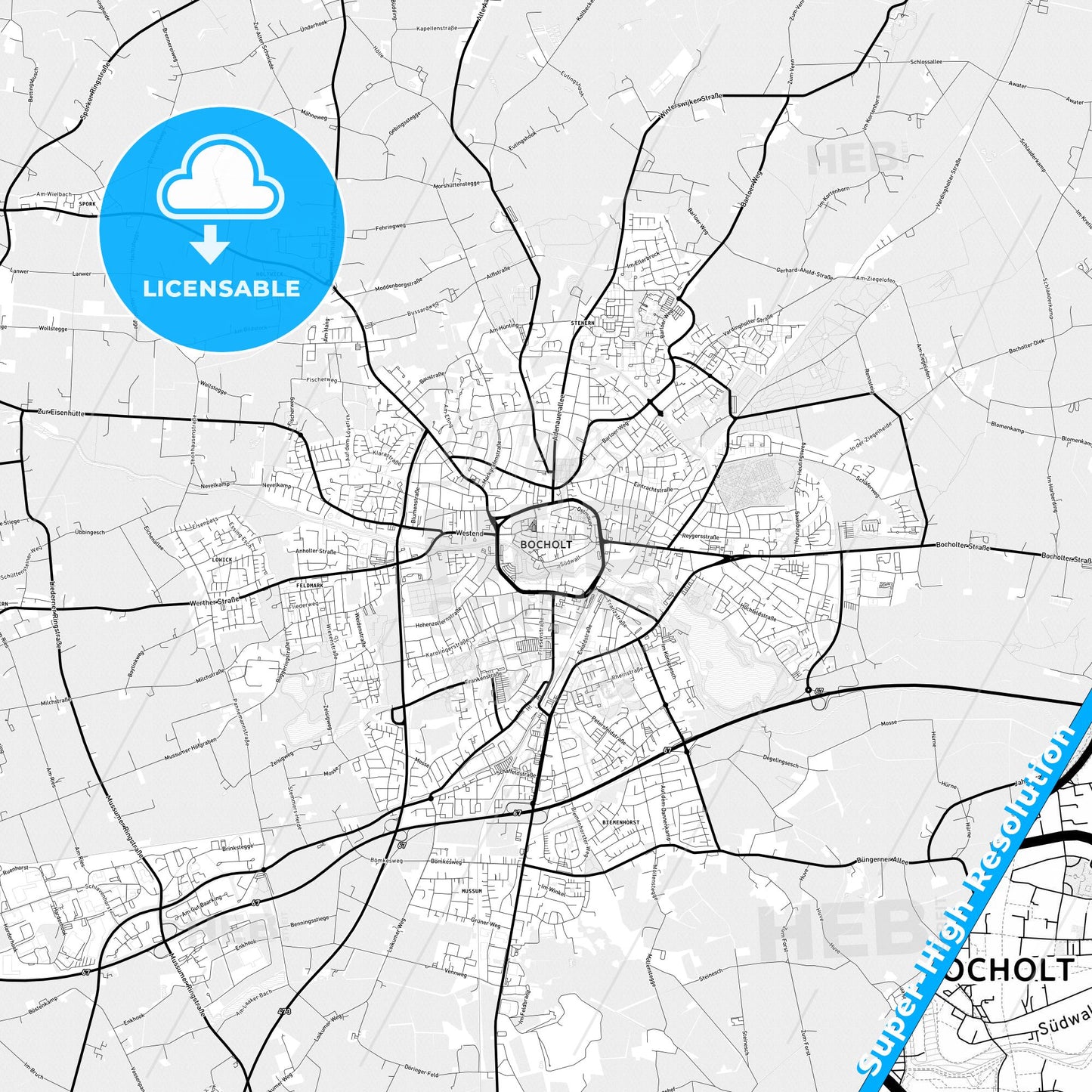 Bocholt, Germany Light Map with Street Names, City Names, and Districts