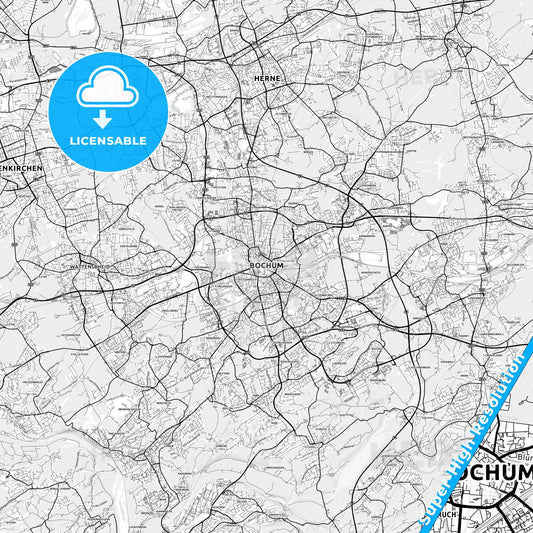 Bochum, Germany light map with streetnames, citynames and districts