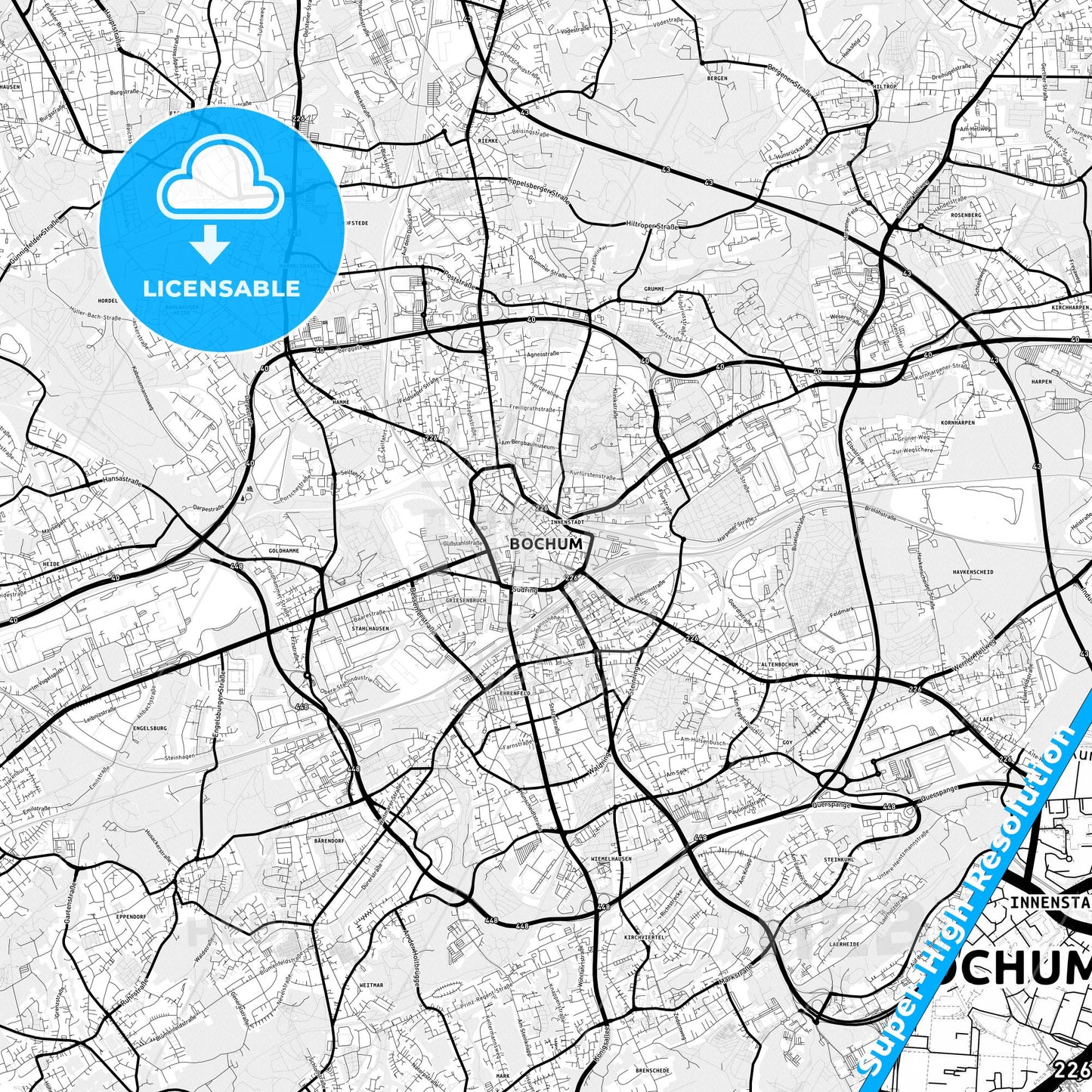 Bochum, Germany Light Map with Street Names, City Names, and Districts