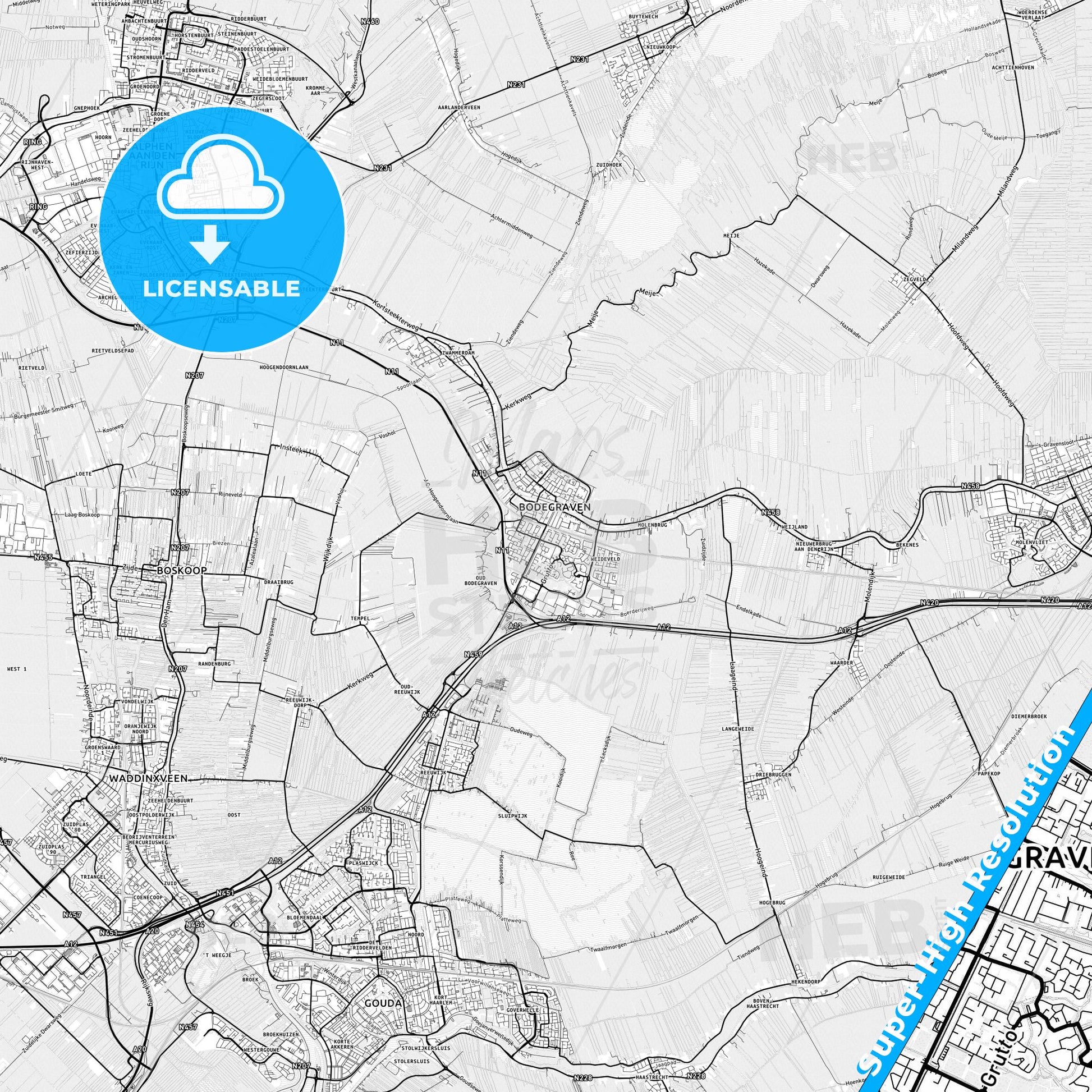 Bodegraven-Reeuwijk, Netherlands light map with streetnames, citynames and districts