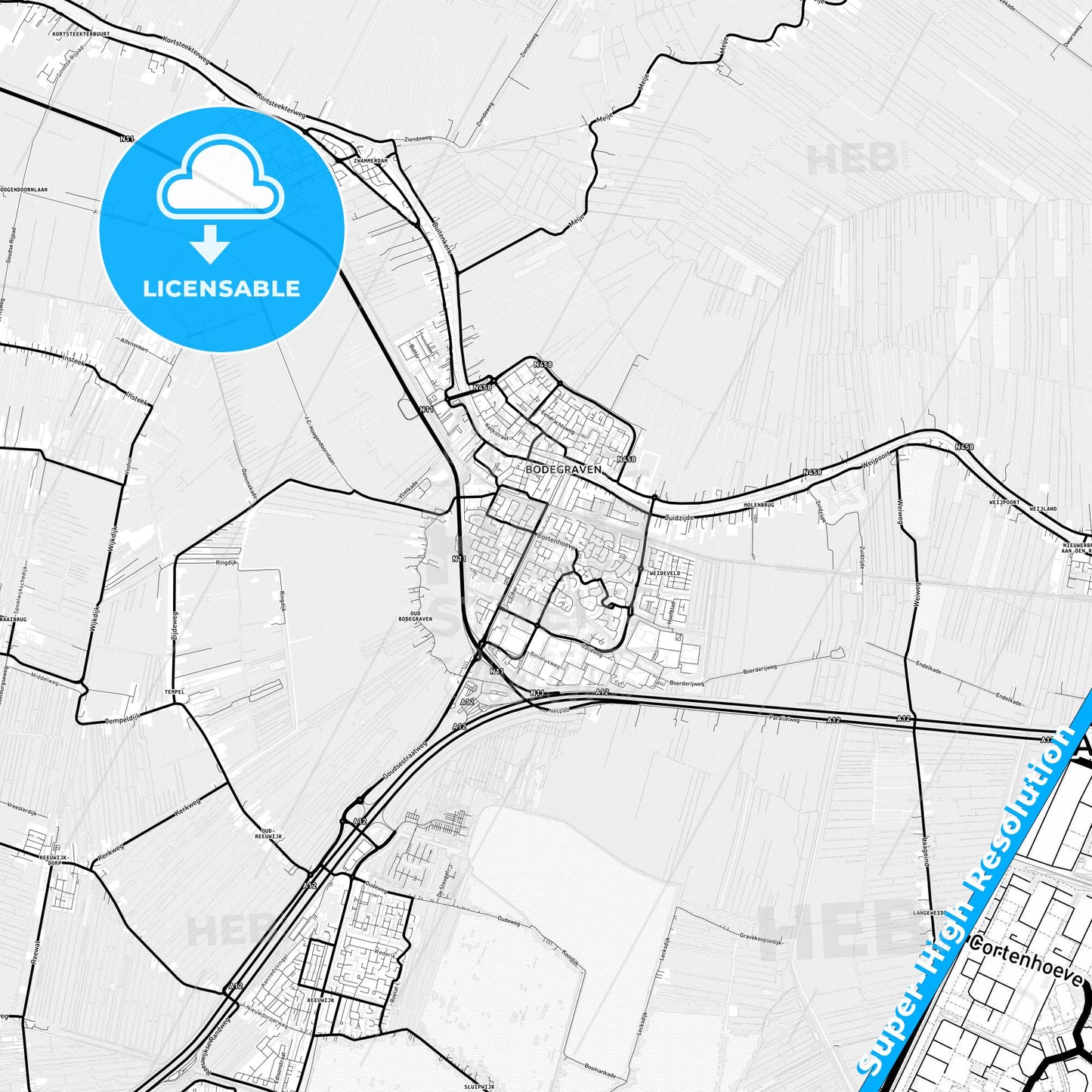 Bodegraven-Reeuwijk, Netherlands Light Map with Street Names, City Names, and Districts