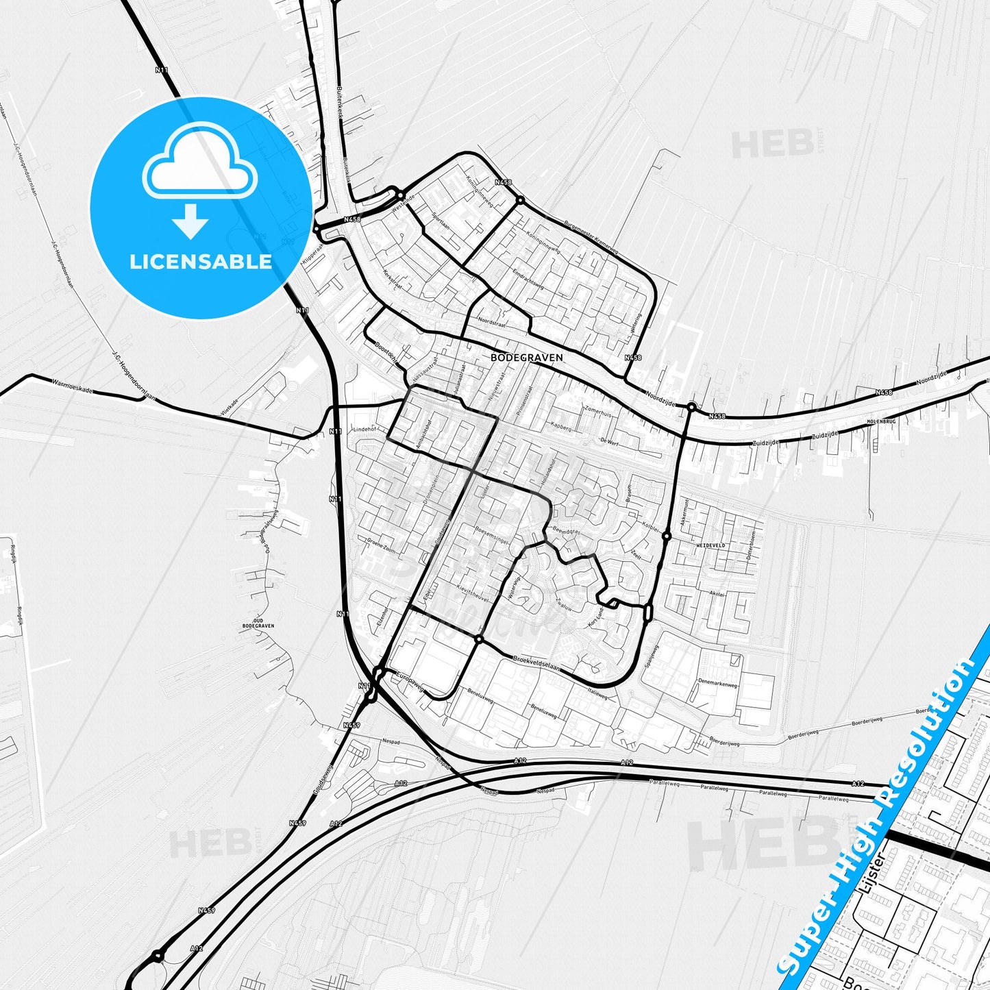 Bodegraven-Reeuwijk, Netherlands Light Map with Street Names, City Names, and Districts