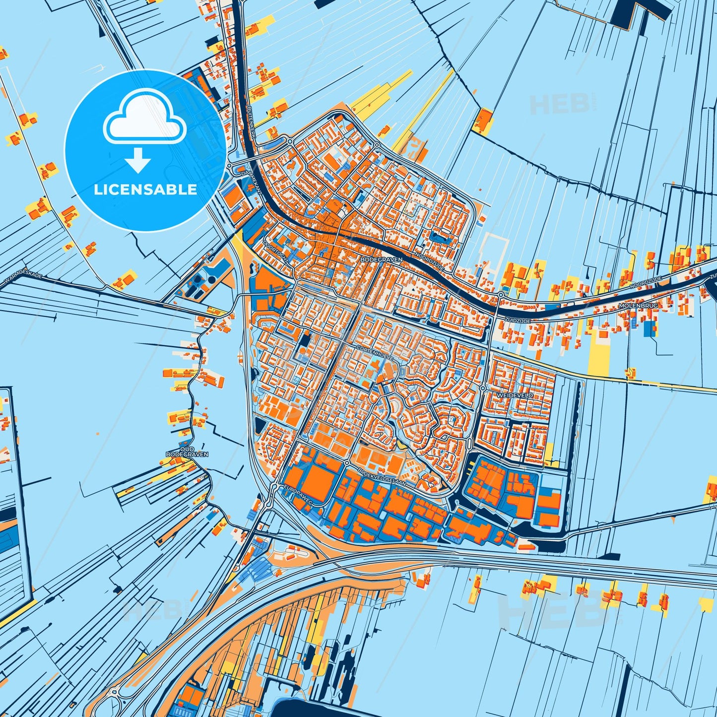 Colorful Bodegraven-Reeuwijk Street Map with Labels and Buildings