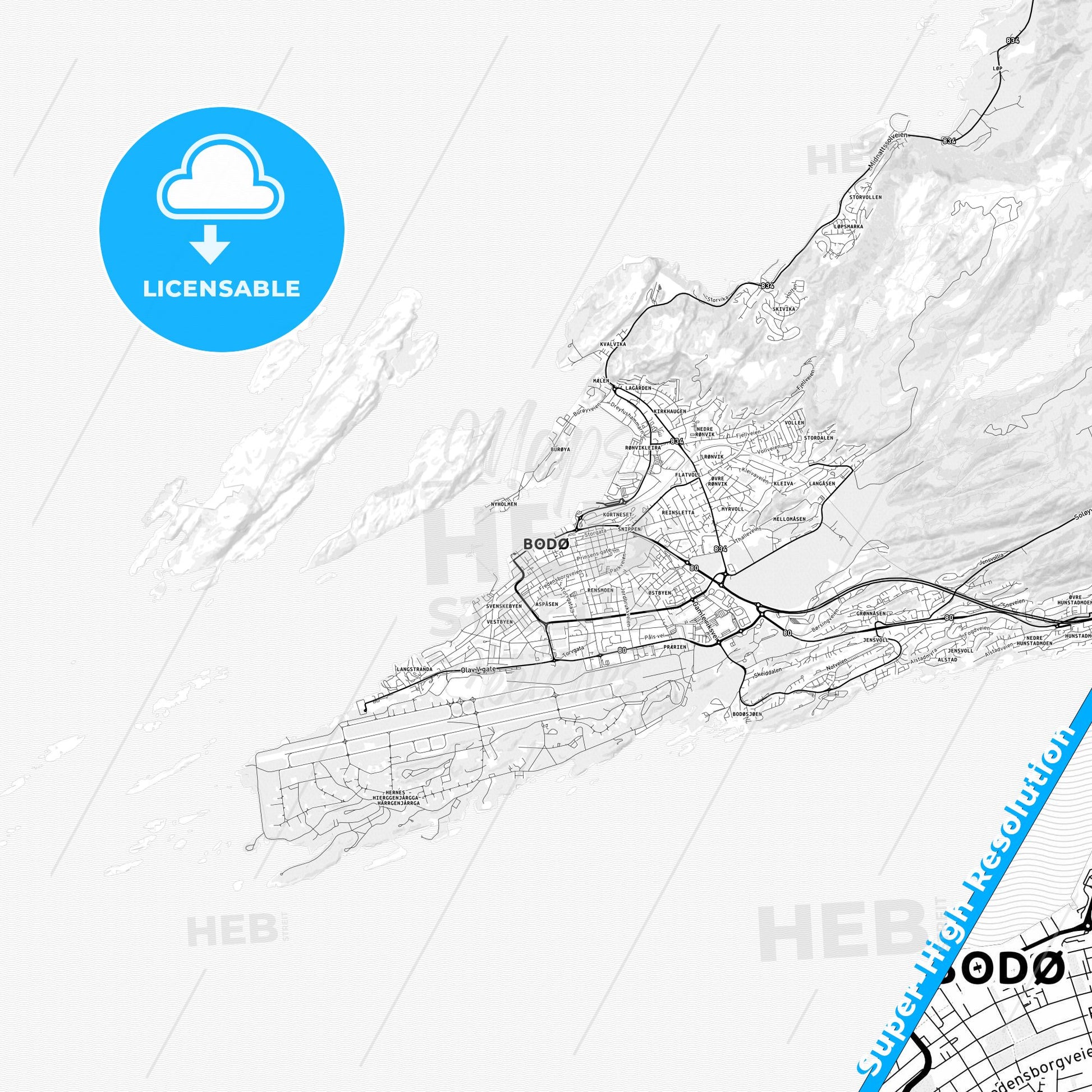 Bodø, Norway light map with streetnames, citynames and districts